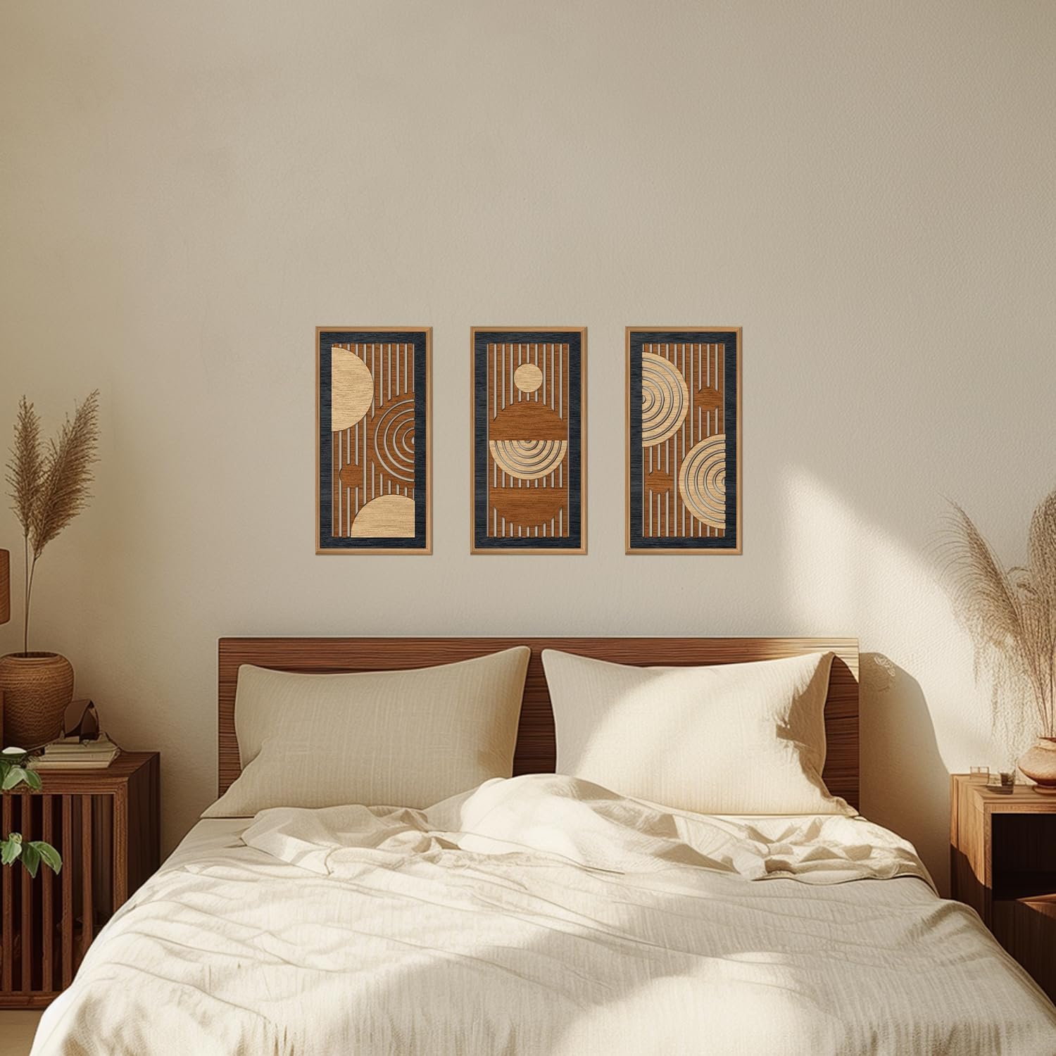 IARTTOP 3Pcs Mid Century Modern Wall Decor Framed Geometric Wood Wall Art Set Minimalist Abstract Line Panel Hanging Decor for Living Room Bedroom Office 8 x 16 Inch