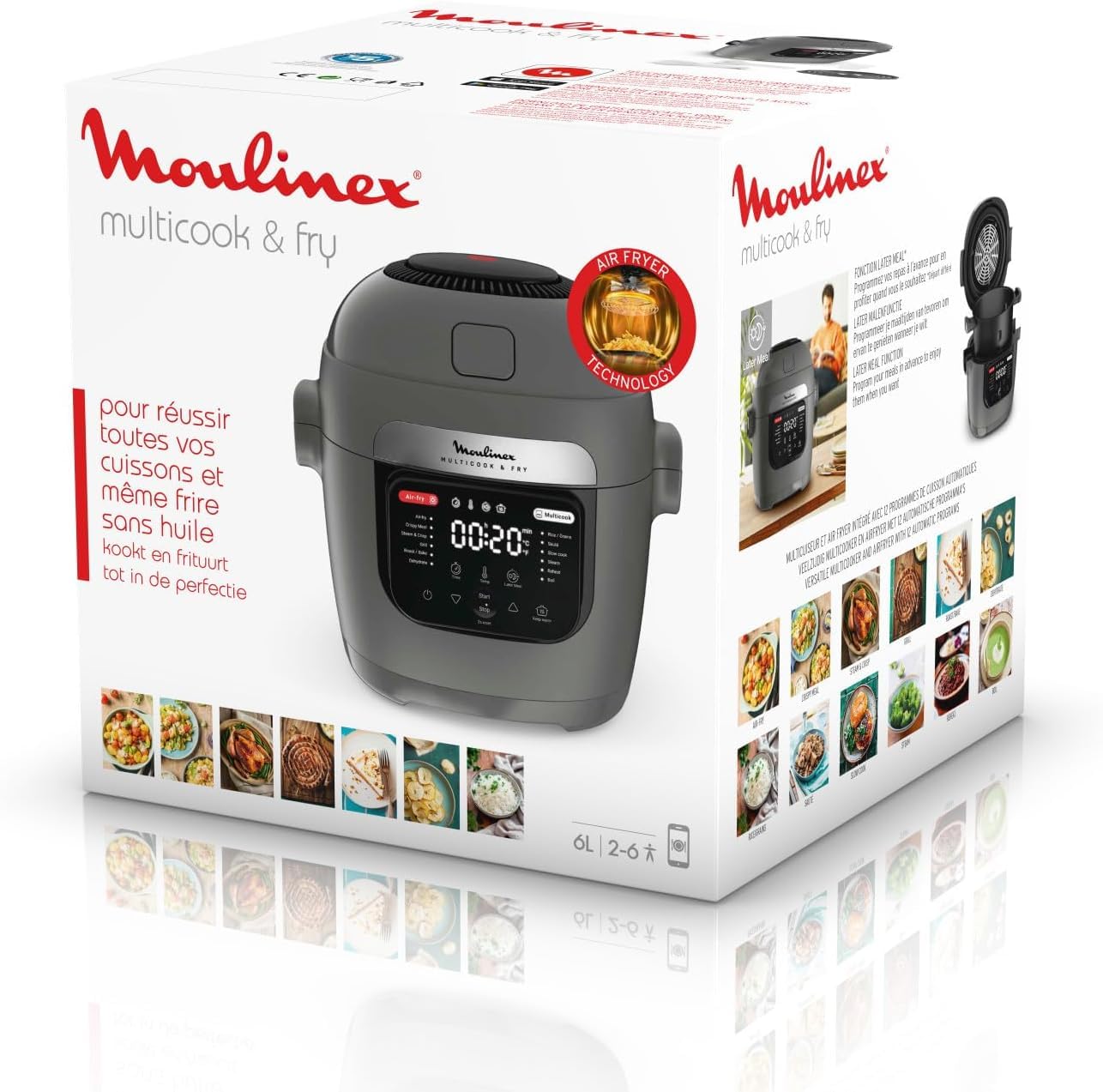 Moulinex Multicook & Fry, Multikocher & Integrierter Airfryer, 12 Programme, Kochen auf 2 Ebenen, verzögerter Start, 6L Kapazität, Hippo-Grau, MZ730BF0
