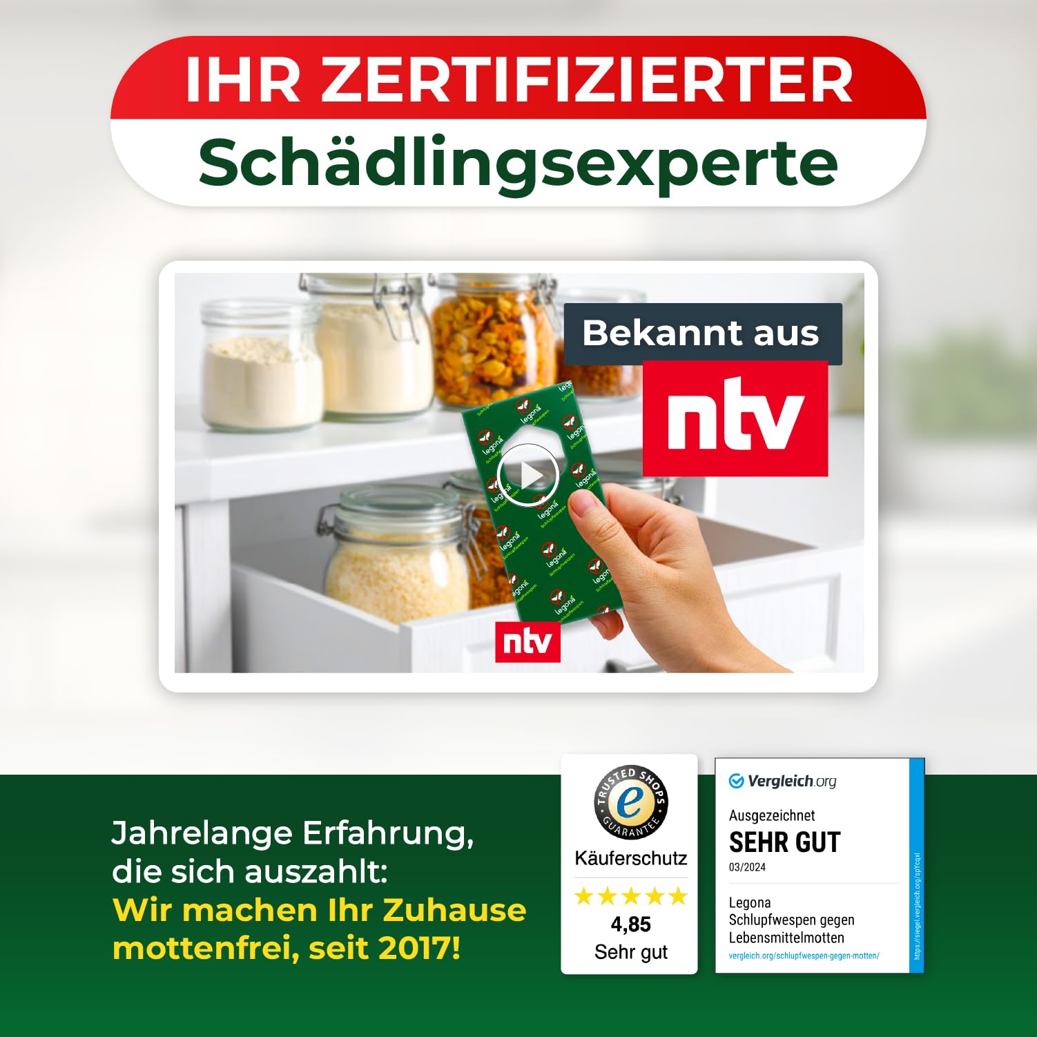 Legona Schlupfwespen gegen Lebensmittelmotten, 3 Lieferungen mit je 5 Trägern, 9 Wochen Vollbehandlung