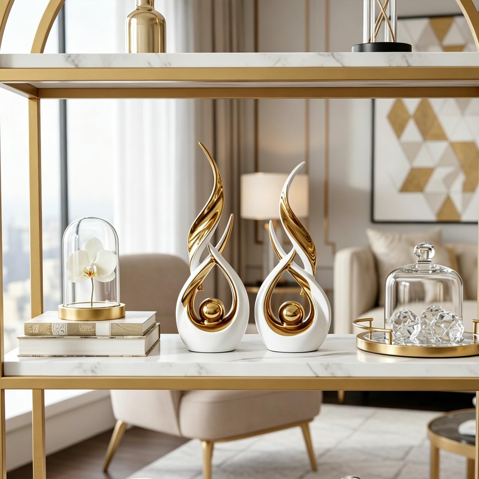 Set di 2 statue astratte in ceramica dorata, stile astratto moderno di metà secolo, decorazione per la casa, mensola da caminetto su mensola unica, divisorio per mobile TV, tavolo e tavolo da pranzo