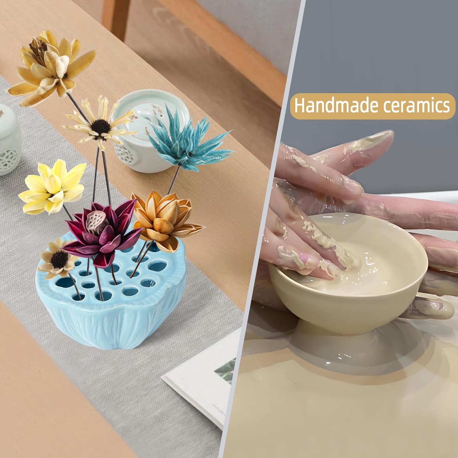 Notakia Lotus Pod Ceramic Flower Frog Flower Vase Ikebana Bowl with Stem Holder Floral Arrangement Frog for Table Decorative Flower Holder for Fresh or Dried Bouquets Kenzan Vase Pot Container (Blue) - Image 6