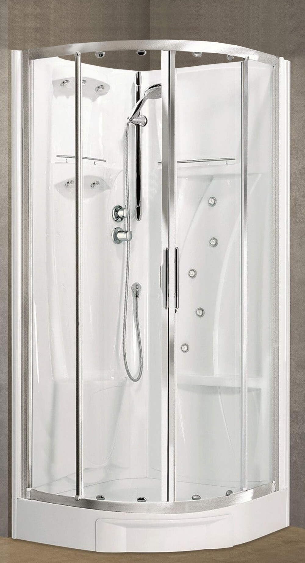 Novellini New Holiday R90 - Cabina de ducha multifunción redonda curva, 2 puertas correderas, ángulo derecho izquierdo, mezclador termostático, cristal transparente, perfil plateado, alto 206 cm