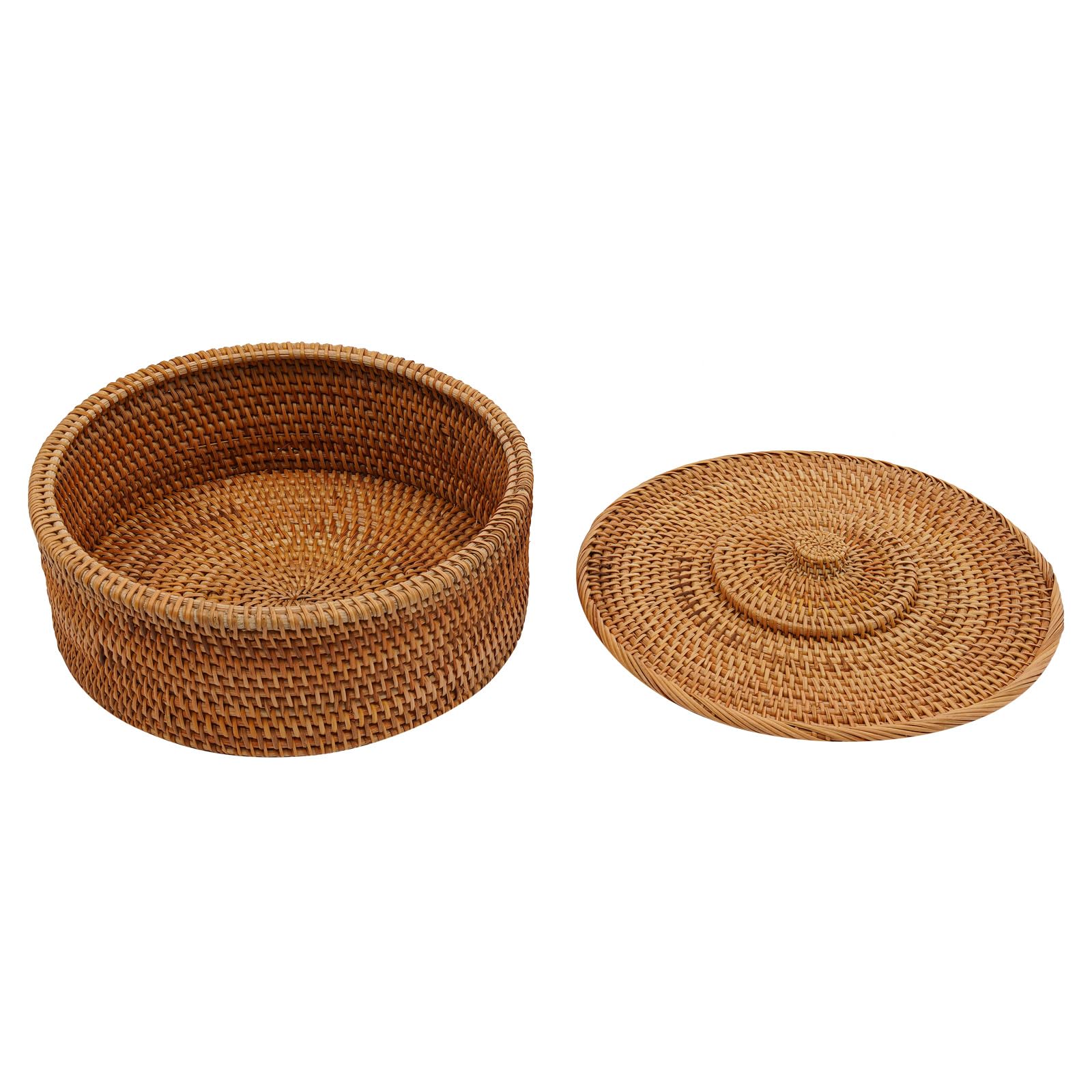 Cesto in rattan naturale con coperchio, contenitore rotondo in rattan con coperchio, 30 x 13 cm, realizzato a mano, cestello intrecciato, per frutta, pane, caramelle
