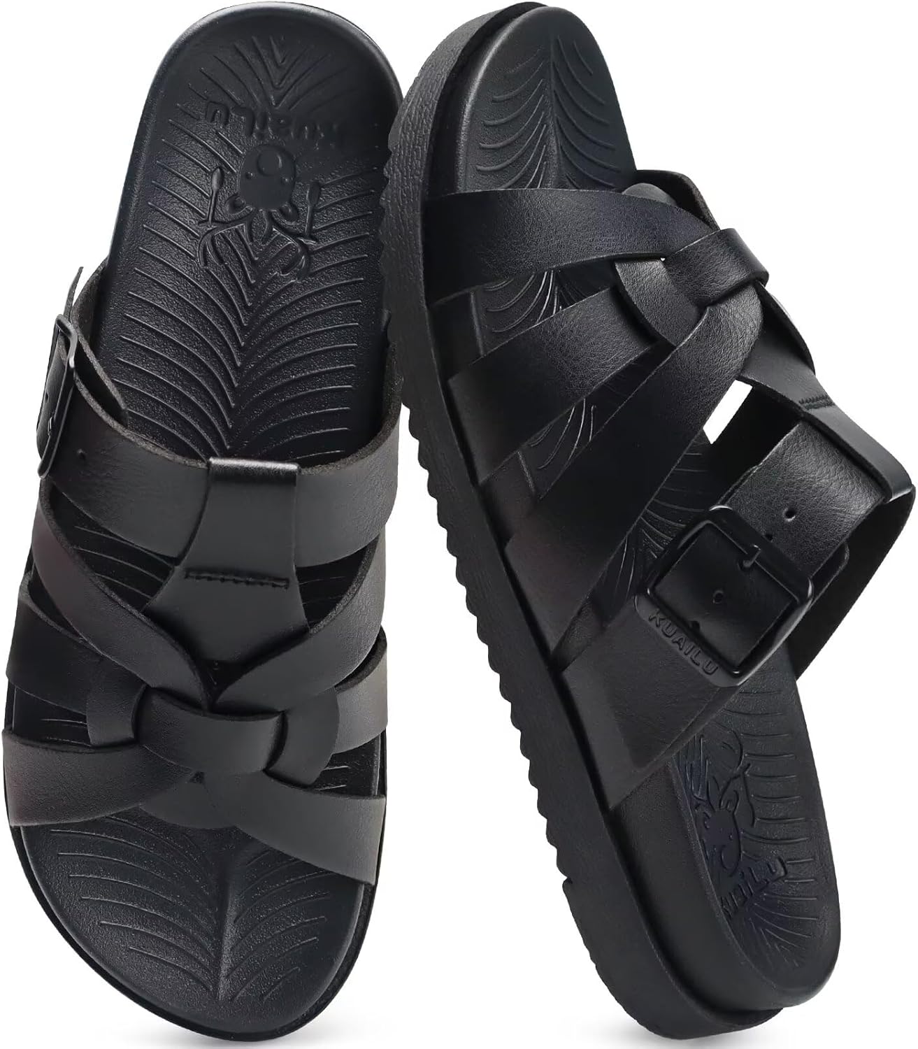 KuaiLu Gladiator Sandals for Women with Comfortable Arch Support Summer Beach Vacation Walking Travel Fisherman Slides Boho Outfits Flats Slip on Cushion Shoes Indoor Outdoor