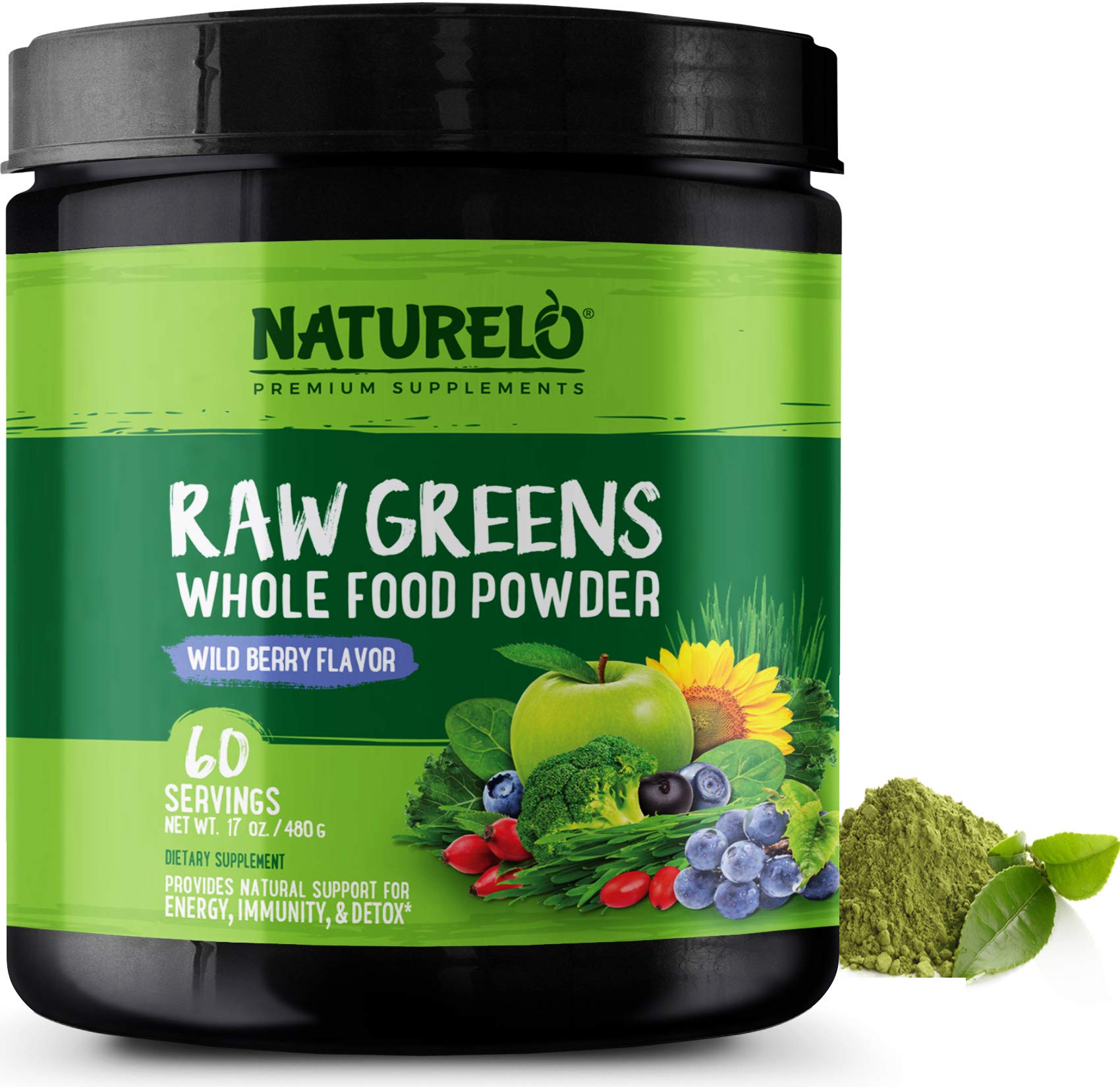 NATURELO Raw Greens Whole Food Powder with Grasses Like Spirulina, Chlorella and Wheat Grass, Fibres Like Inulin, Probiotics, Enzymes and Potent Antioxidants - 60 Vegan Servings