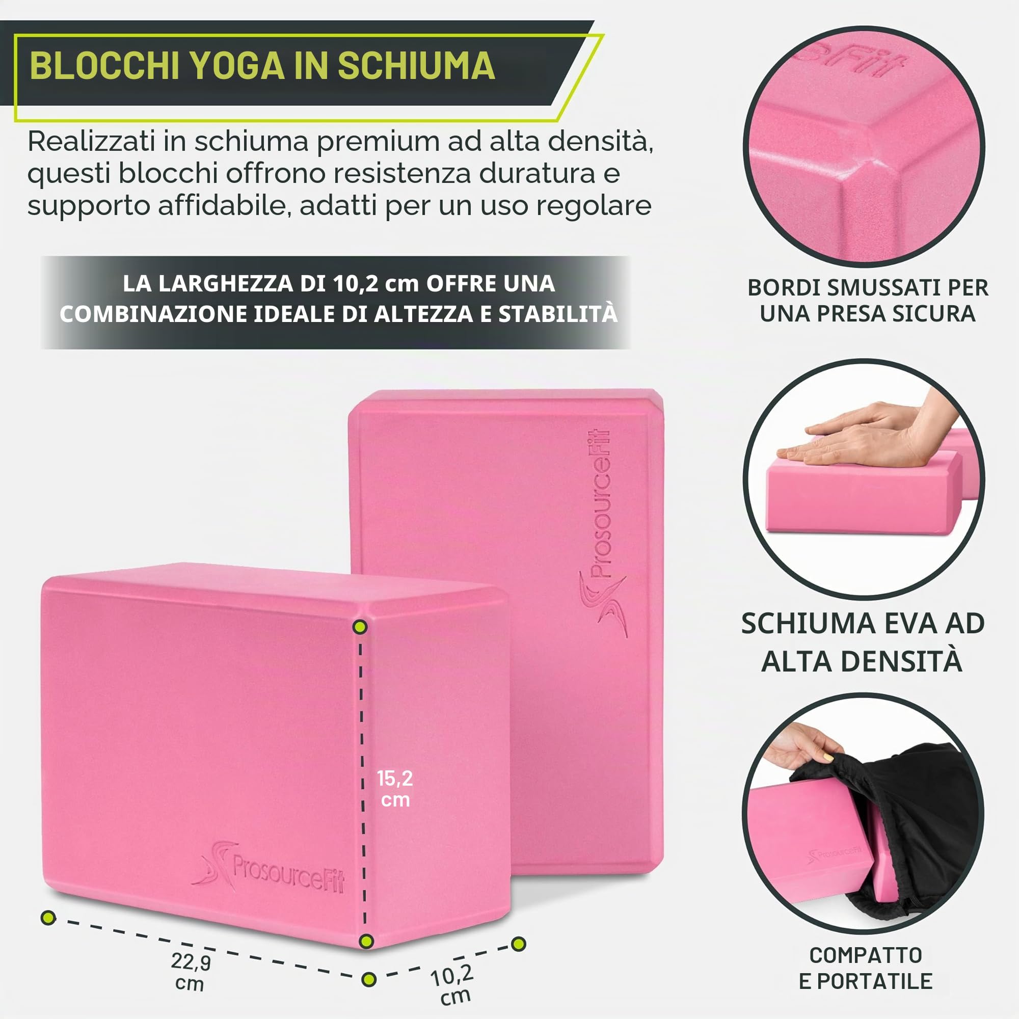 ProsourceFit Foam Yoga Blocks Set of 2, High Density EVA Yoga Bricks, Sturdy Yoga Prop Large Size 4”x 6” x 9”