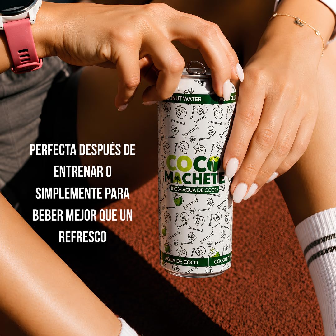 Coco Machete® Agua de Coco Natural 100% | Pack 24 Latas x 310 ml | Agua Coco Sin Azúcares Añadidos ni Conservantes | Hidratación Natural | Bebida de Coco Refrescante