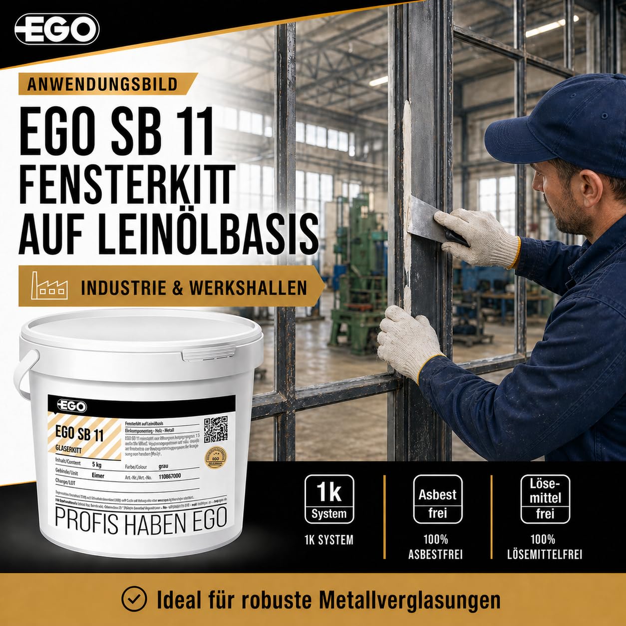 EGO SB 11 Fensterkitt GRAU - 25 kg Metallkübel - Dichtmasse auf Leinölbasis für Einfachverglasung in Holz- und Metallrahmen, lösemittelfrei & asbestfrei