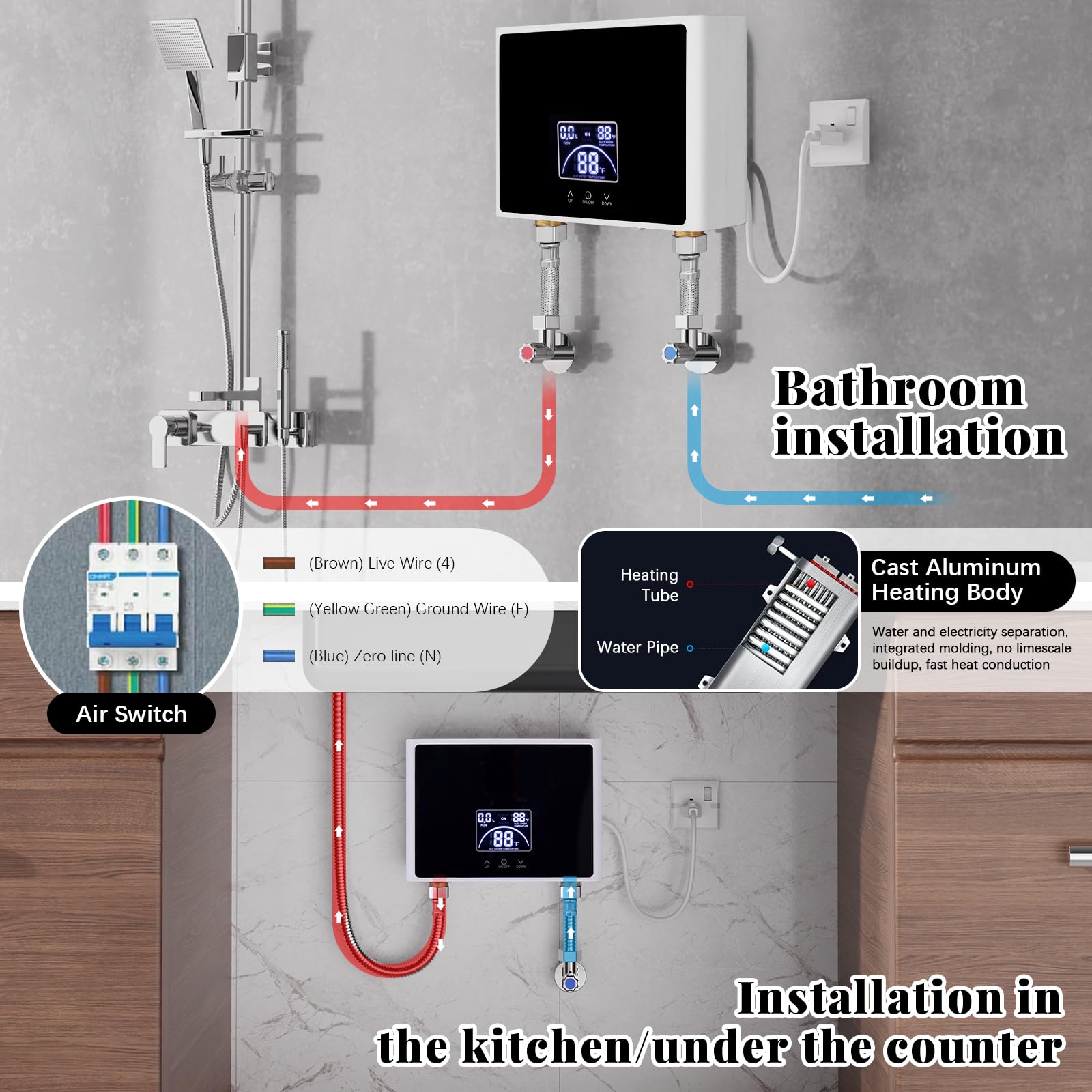 Chauffe-eau Instantané, 5500W Chauffe-eau électrique avec Écran LED | Mini Chauffeeau 230V pour Cuisine et Douche Salle de Bain, Sans Prise, Résistant à la Pression, Chauffage Rapide,Étanche IPX4