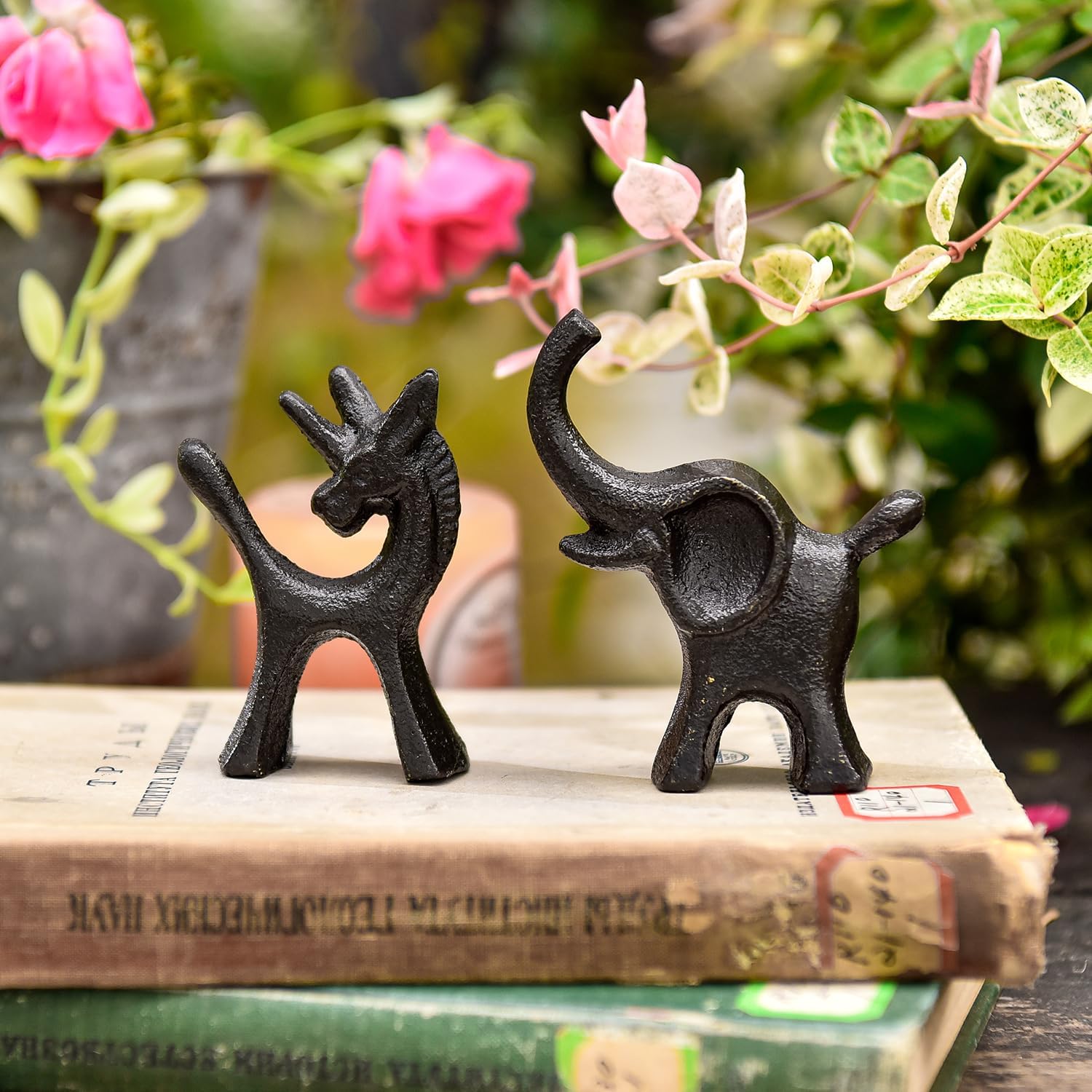 Sungmor Set of 2 Cast Iron Elephant & Unicorn Figurines - Rustic Black Animal Sculptures for Shelf, Desk, or Entryway - Heavyweight Decorative Mini Cute Statues - Whimsical Vintage Home Décor - Image 4