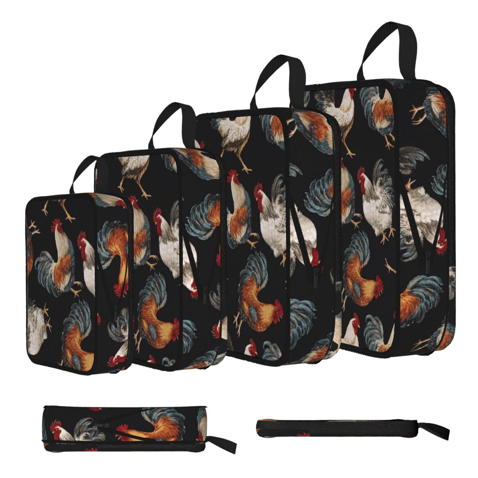 French Roosters Print Compression Packing Cubes 4-Piece Set With Multi- Compartment Travel Bag, Waterproof Suitcase Organiser Bags