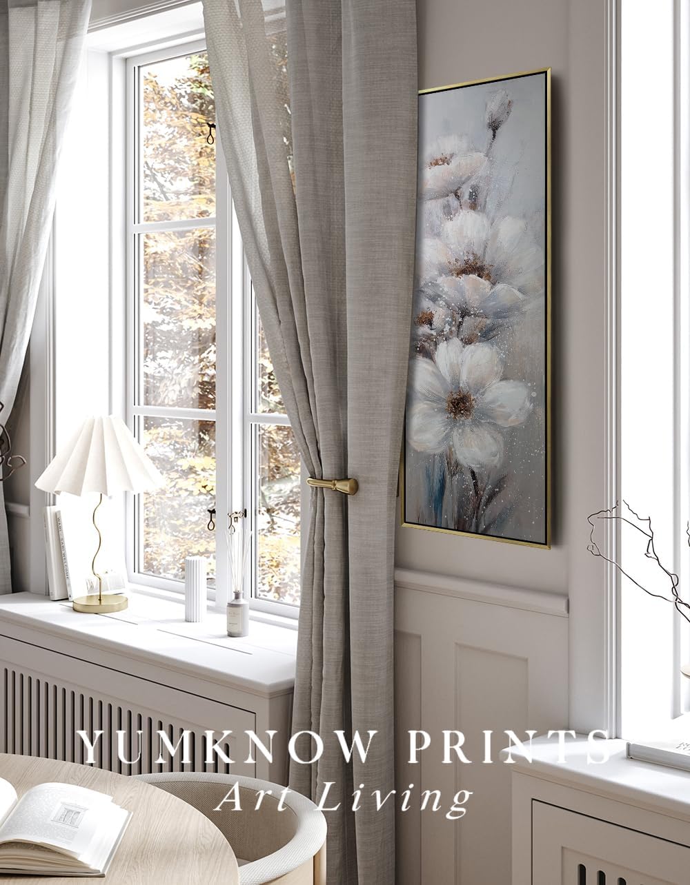 Modern White Flower Framed Canvas Wall Art, 13.5x40 Long Narrow Blue Floral Painting Wall Decor, Farmhouse Vertical Botanical Plant Wall Pictures for Office Bedroom Living Room Bathroom Kitchen