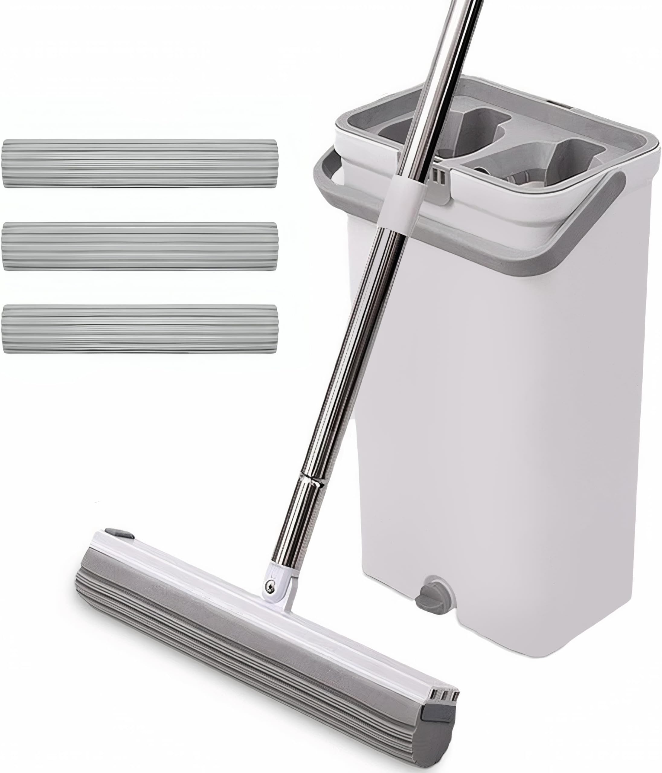Genr Muxluxe Home Mop And Bucket Sets, Sponge With 3Pcs Super Absorbent Foam Heads 130Cm Adjustable Handle, Self-Wringing Mops For Laminate Hardwood Floor Cleaning, Sm-010