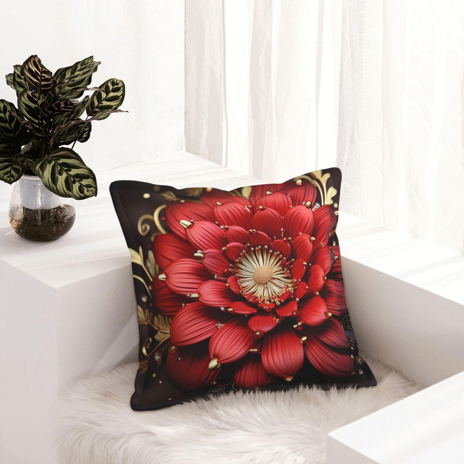 Housse de coussin en similicuir 45x45 cm lot de 2 style moderne fleurs rouges et dorées