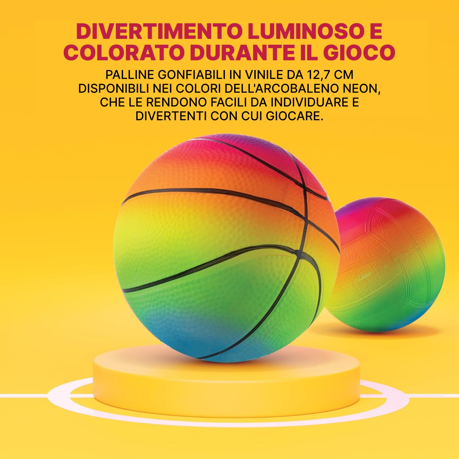 Bedwina Rainbow Sports Balls - Palline Gonfiabili in Vinile da 6 Pollici (Confezione da 4) per Bambini e Bambini con Aggiunta Pompa ad Aria Manuale, Basket Neon, Pallone da Calcio e Pallavolo