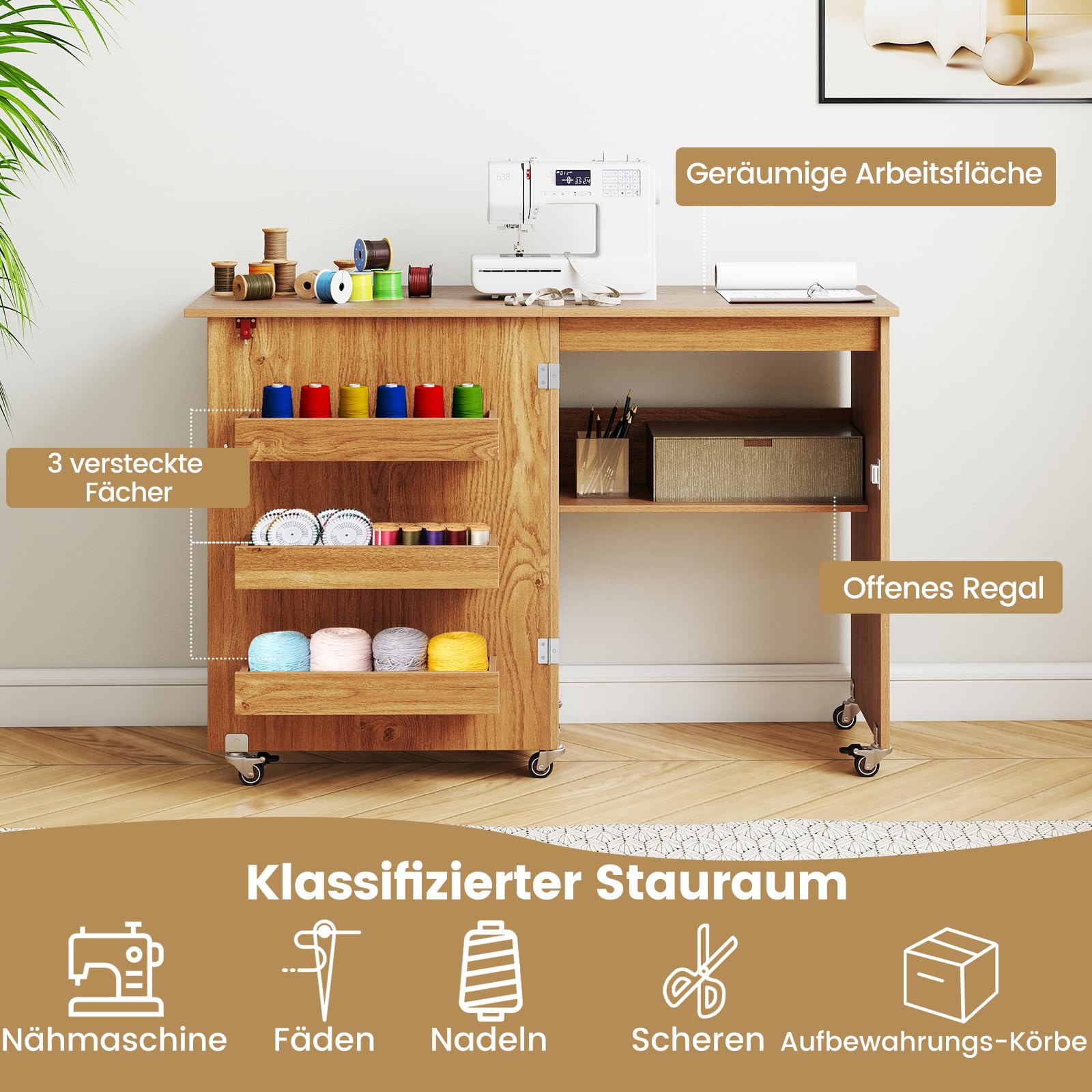 COSTWAY Składany stół do szycia 2 w 1, szafka na maszynę do szycia z półkami, szafka do szycia z zamykanymi kółkami, stół do majsterkowania, do salonu, sypialni