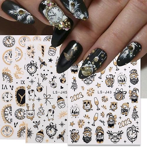 Miniatura 5 de Calcomanías de arte de uñas de Navidad con copo de nieve en relieve 3D calcomanías autoadhesivas en 3D corazón blanco estrella negra reloj dorado