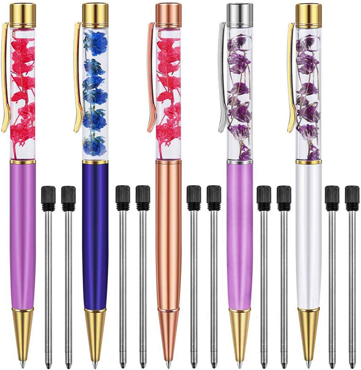 PASISIBICK Flower Ballpoint Pens,Dynamic Liquid Metal Ball Pens with 10Refills and Black Ink for Desk Accessories(5PCS)