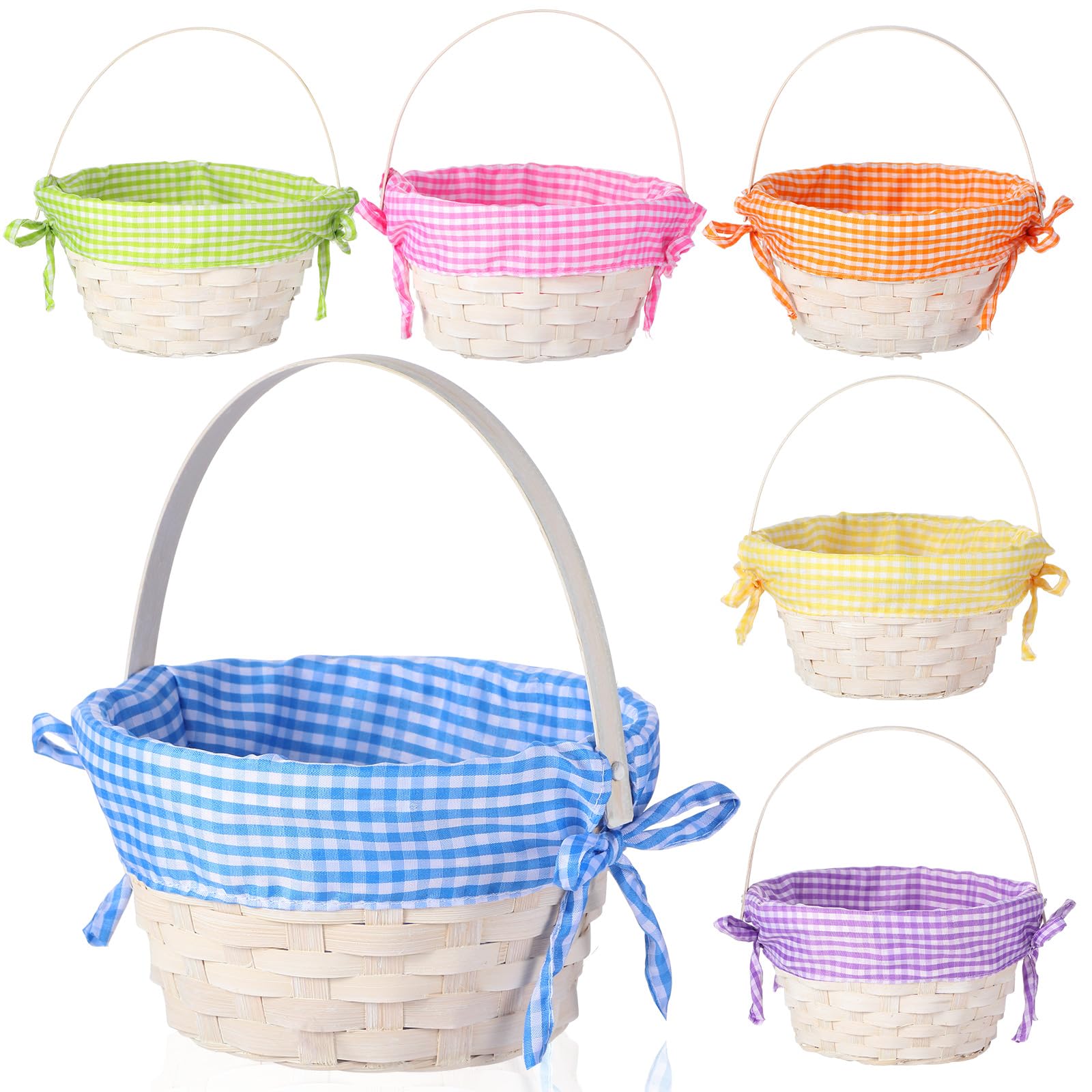 Yulejo Easter Woven Bamboo Basket Round Small Woven Basket with Handle Buckets for Easter Egg Hunt Picnic Party Supplies Birthday Decoration(6 Pieces, Plaid)