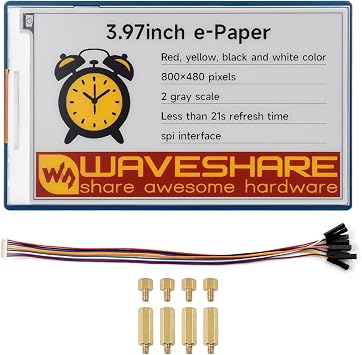 Waveshare 3.9" E-Paper Display HAT+, E-Ink Display, 800 x 480 Pixels, Red/Yellow/Black/White, SPI Interface, Standard Raspberry Pi 40PIN GPIO Header, Driver Board