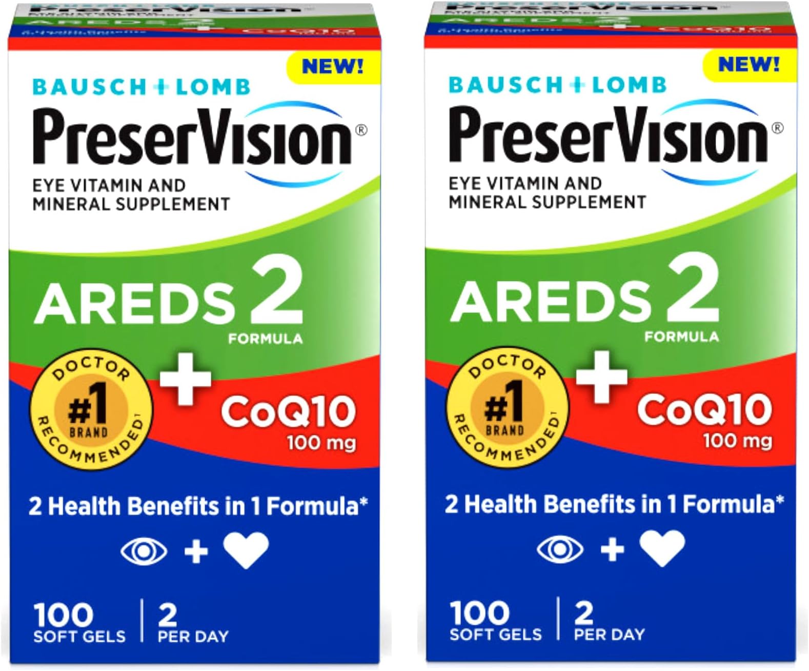 Eye Vitamin & Mineral Supplement AREDS 2 Formula + CoQ10, 2-in-1 Health Benefits, 100 Softgels (2 per Day) Pack of 2
