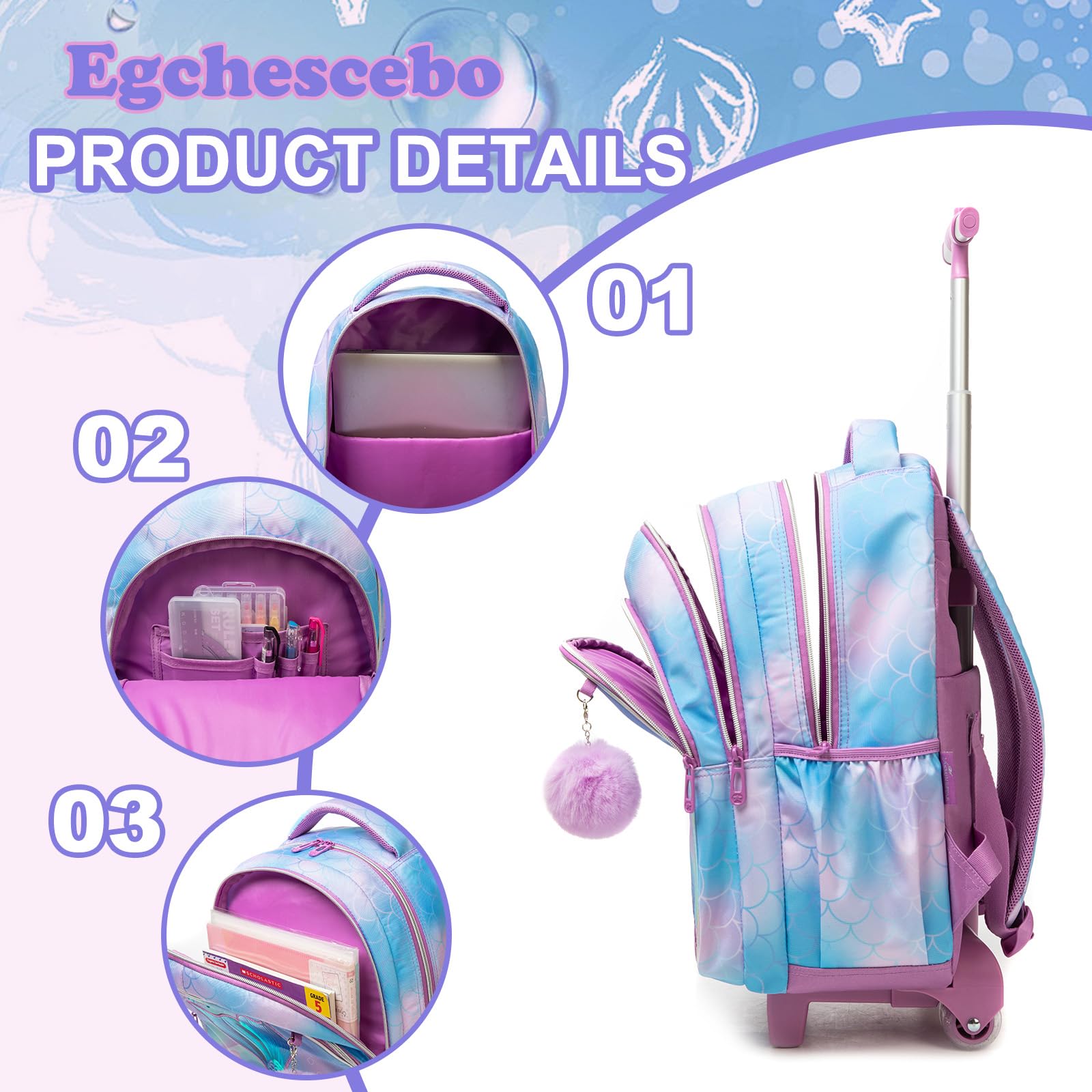 Zaino con Rotelle Bambina Trolley Sirena Zainetto Asilo Scuola Elementare Primaria 17” 3PCS Borsa Pranzo Portamatite Media Carrello Valigia Ragazza per Valigia da Viaggio Blu Cielo