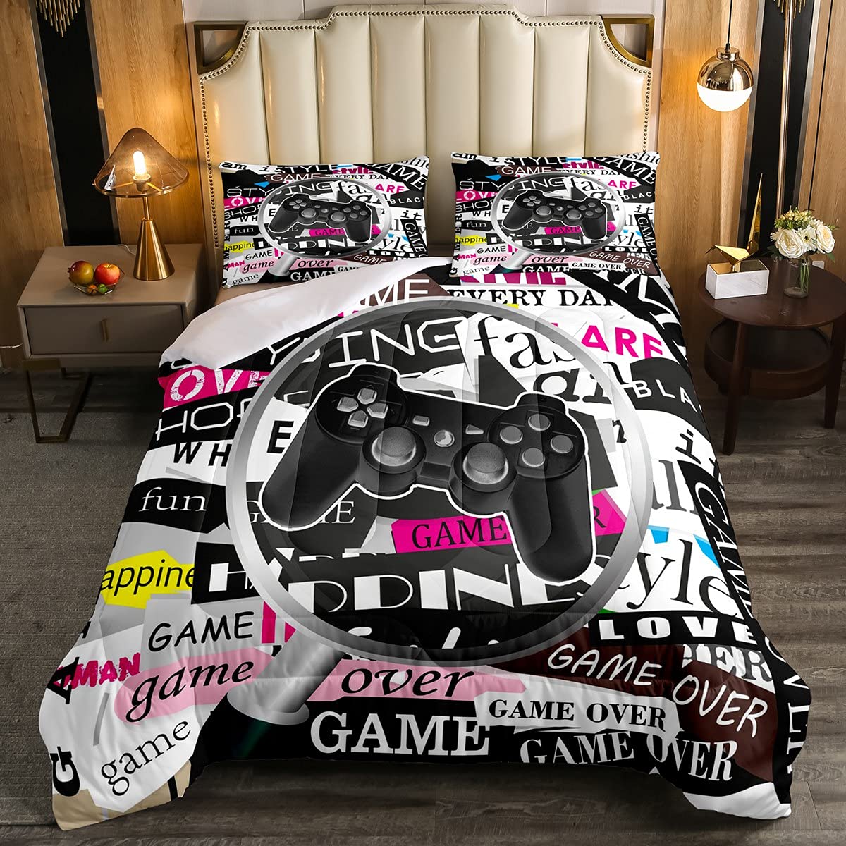 Juego de ropa de cama para niños y niñas, juego de ropa de cama para todas las estaciones, con lupa de dibujos animados, juego de edredón negro, rosa y gris, con 2 fundas de almohada, 3 piezas, tamañ