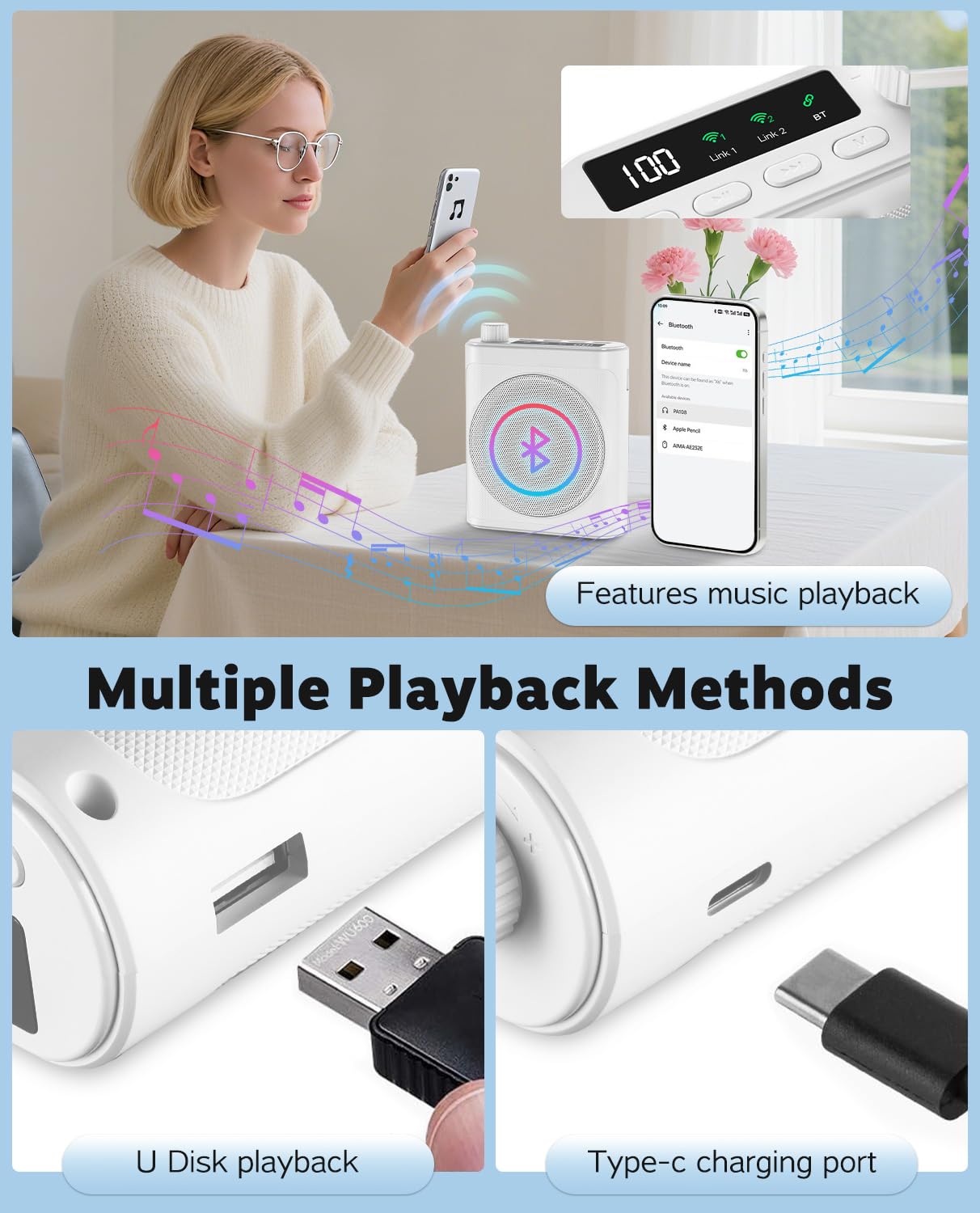 Tearstone Sprachverstärker für Lehrer mit kabellosem magnetischem Lavalier-Mikrofon, Bluetooth Tragbarer wiederaufladbarer Lautsprecher, 2 Mikrofone für Klassenzimmer, Meetings, Reden, Outdoor (Weiß)