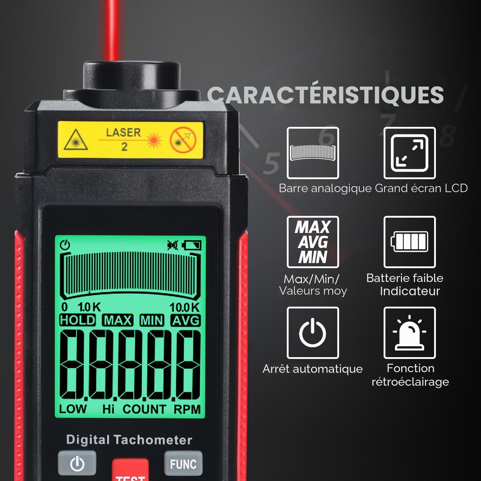 Tachymètre Numérique Sans Contact avec Deux Modes de Mesure 10-99999 tr/min, Détection Photoélectrique Laser Haute Précision avec Écran LCD, Ruban Réfléchissant pour Usage Industriel et Bricolage