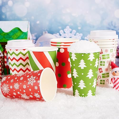 Miniatura 8 de JOYIN 24 vasos de papel de Navidad de 16 onzas, tazas de café desechables con fundas y tapas, 4 diseños de vasos de Navidad para bebidas frías y