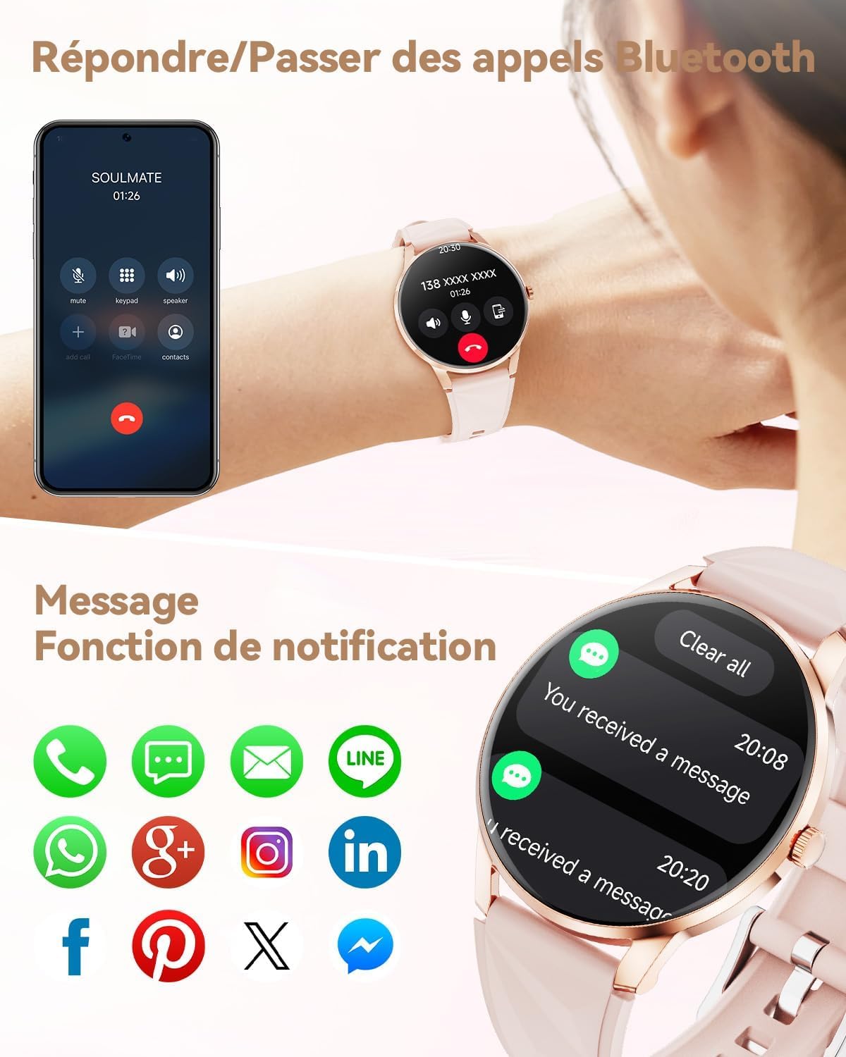 Montre Connectée Femme avec Appels Bluetooth, Smartwatch Femme 1,32"