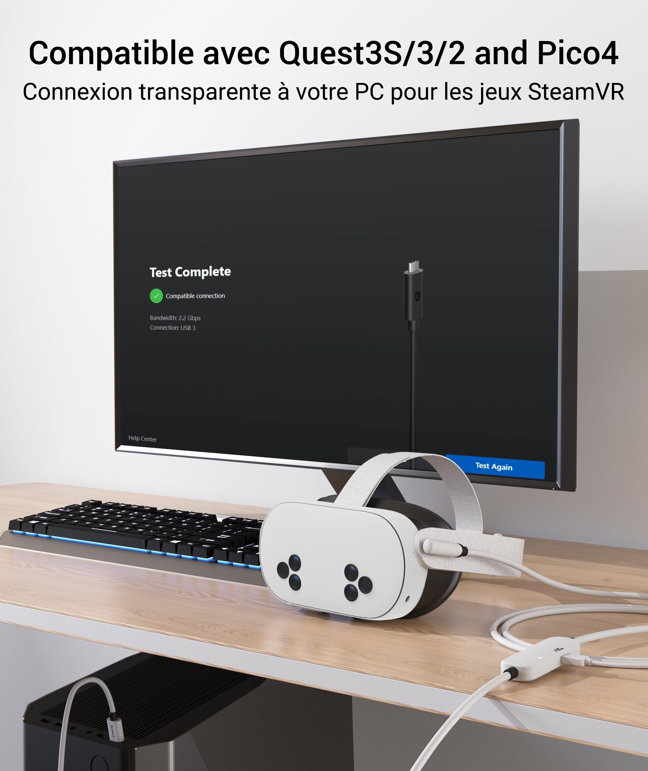 Syntech VR Câble Link de Charge 5M Compatible avec Meta Quest 3S/Quest 3/Oculus Quest2 Accessoire, Câble Link USB 3.0 avec Port de Charge Supplémentaire, pour PC/SteamVR et Jeux Prolongés