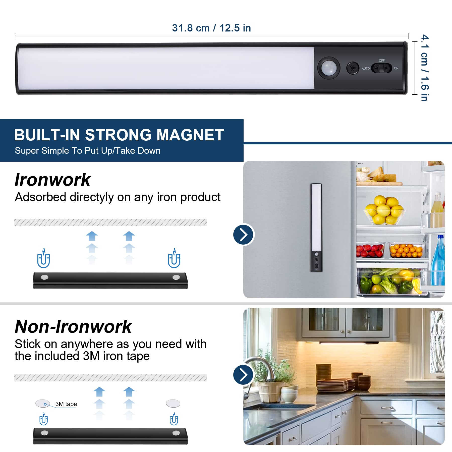 YELKO LED Motion Sensor Cabinet Light Under Counter Closet Lighting 4200mAh Rechargeable nightlights Battery Operated Dimmable Portable LED — view 8