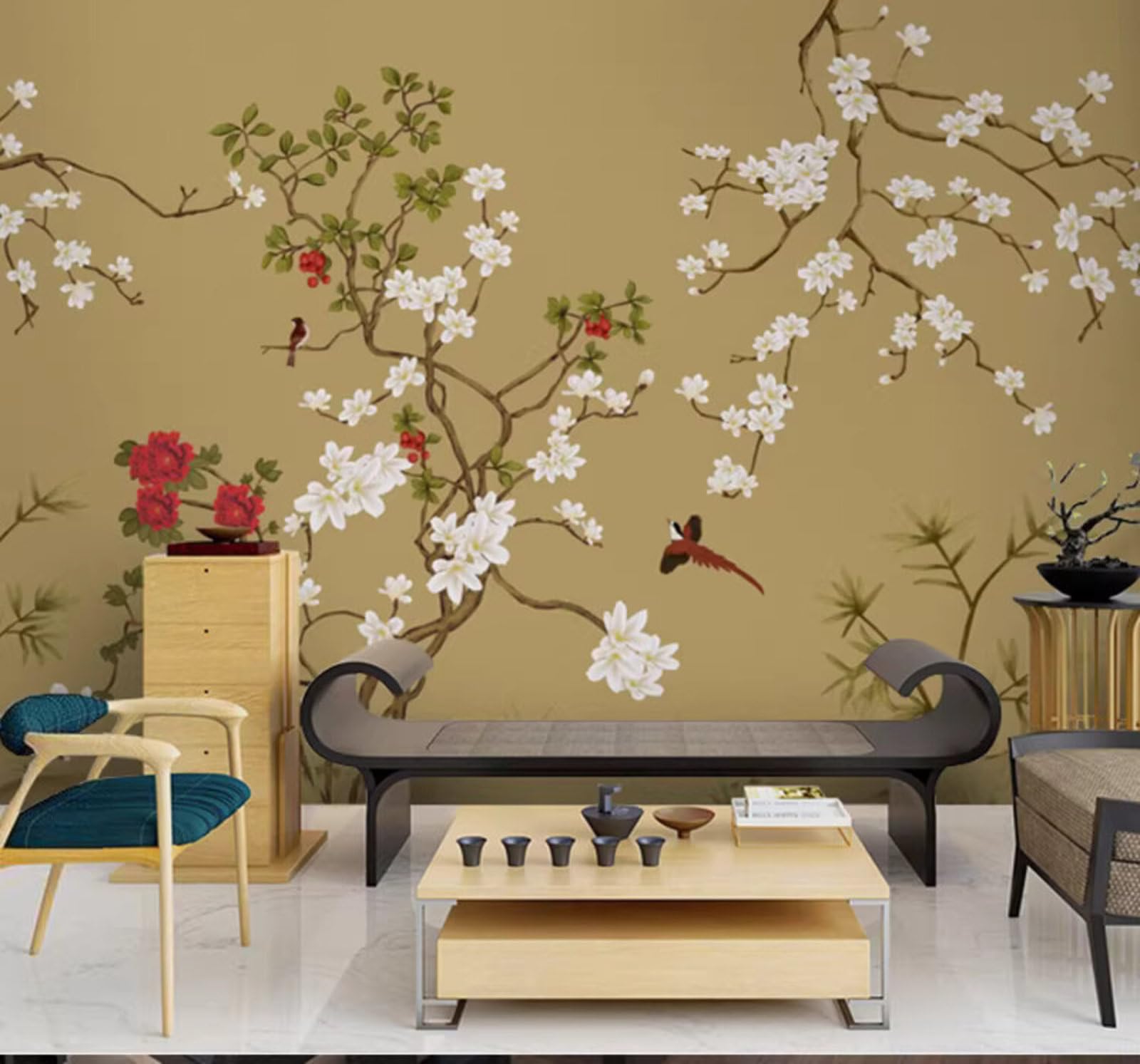 Vintage Nostalgic Elegant Fine Line Flowers and Birds 3D Wallpaper Easy Install Feature Office Living Room Sofa Bedroom TV Background Wall Decoration-400cm×280cm