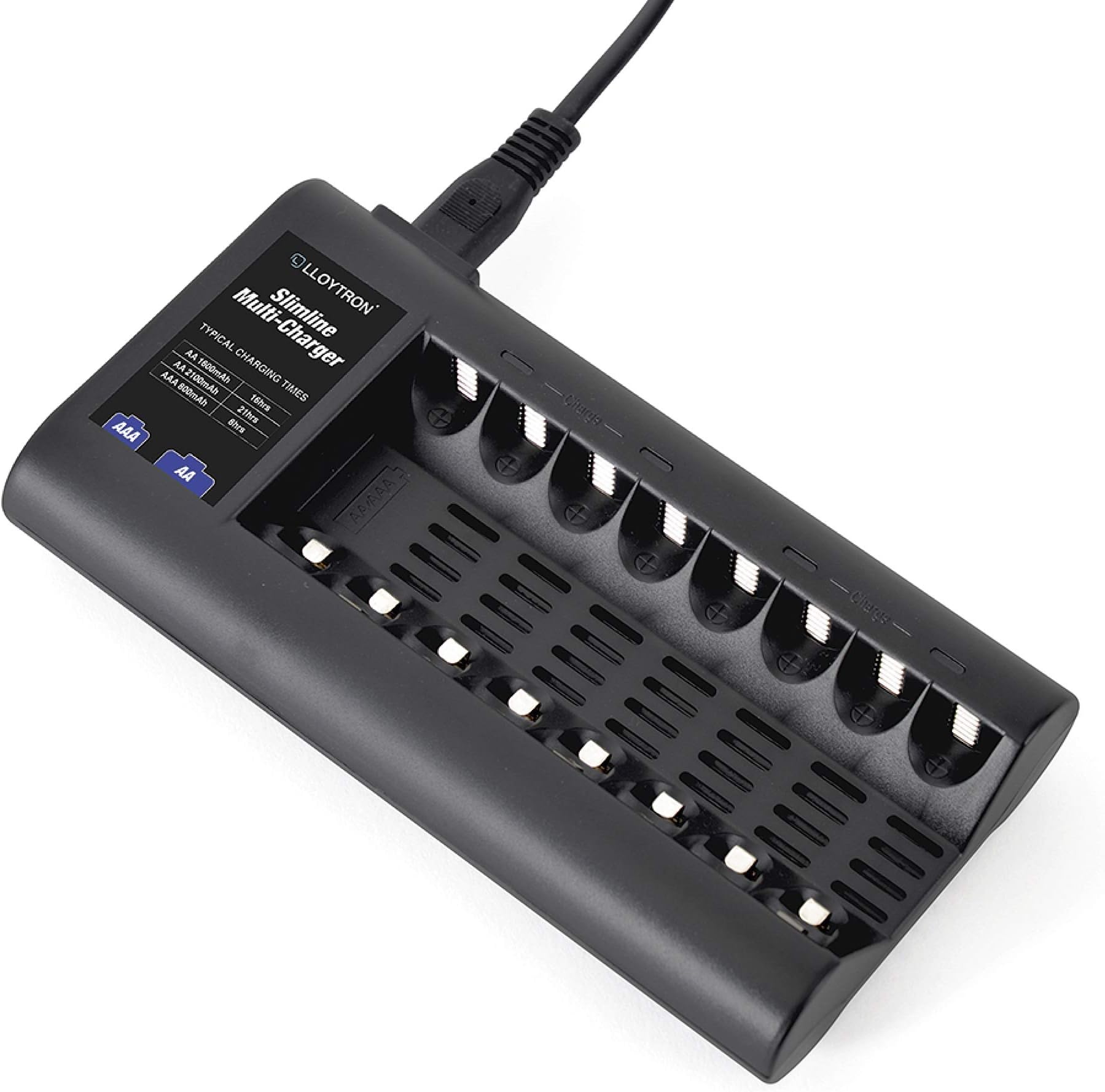 LLOYTRON Slimline 8 x AA / AAA Multi-Charger for NiMh / NiCd Rechargeable Batteries ? Charge 2 / 4 / 6 or 8 Batteries at Once ? B1507 - Black