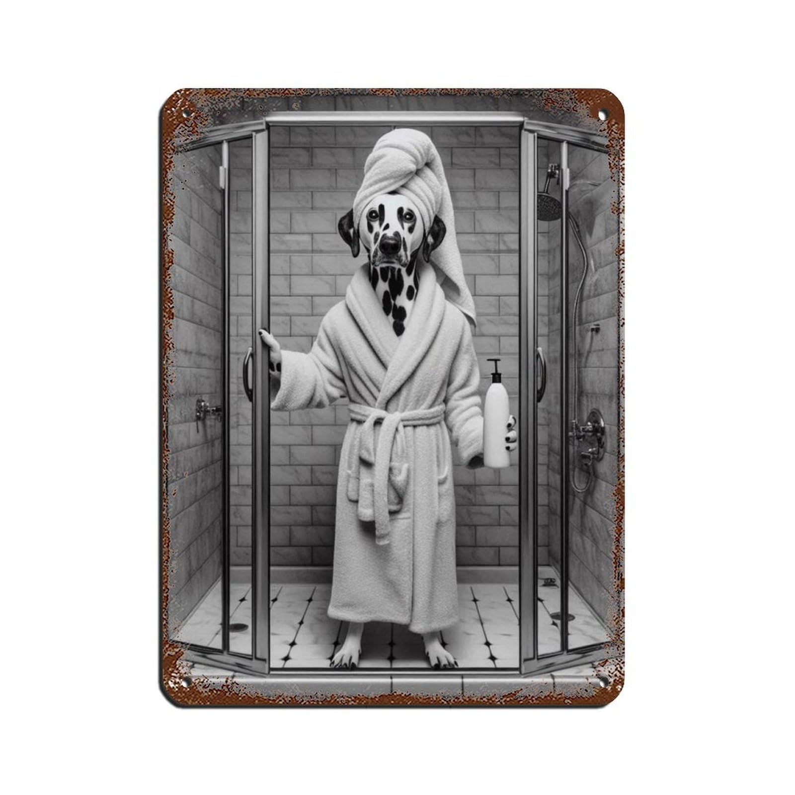 Dog in Bathrobe Taking Shower Tin Sign Vintage Metal Pub Club Cafe Bar Home Wall Art Decoration Poster Retro 12x16inch(30x40cm)