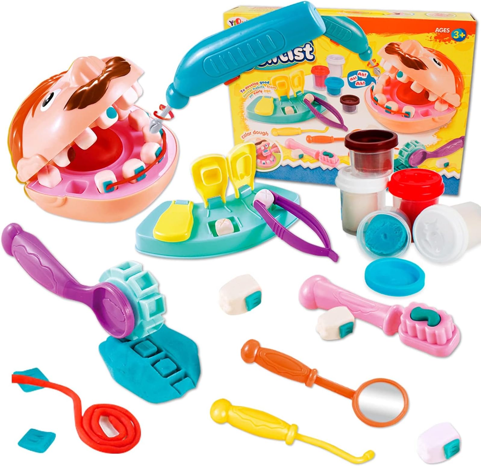 Crelloci Play Color Dough Sets Air Clay Toys Dentist Doctor Kits Tools Drill Fill Art Craft DIY Playsets, Dentist Dough Play Set for Kids Age 3 4 5 Years