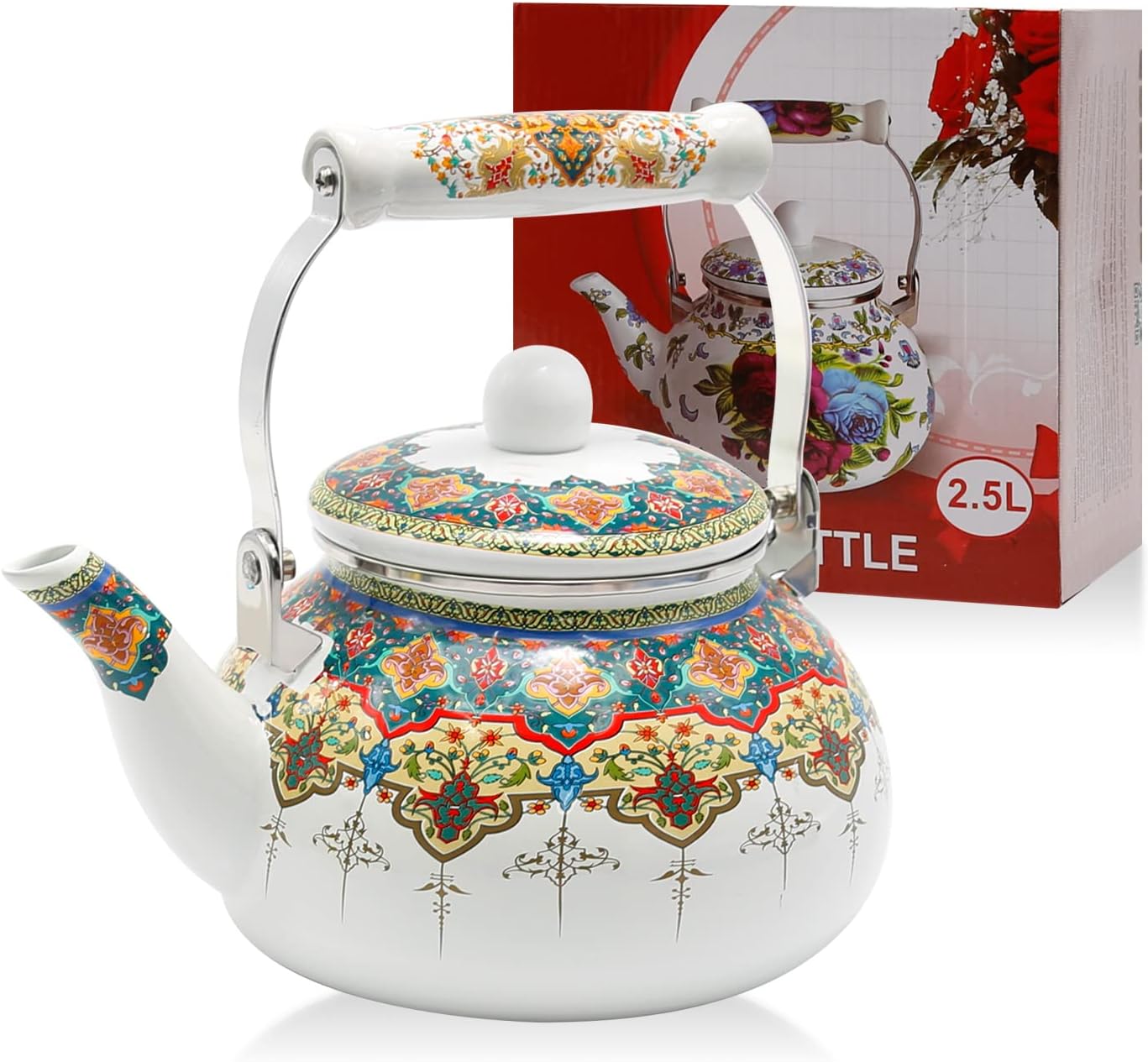 Anxingo Colorful Water Tea Kettle,Tea Kettle Pot for Stove, Top Porcelain Large Enamel Tea Kettle 2.5L,Retro Classic Design (style3)