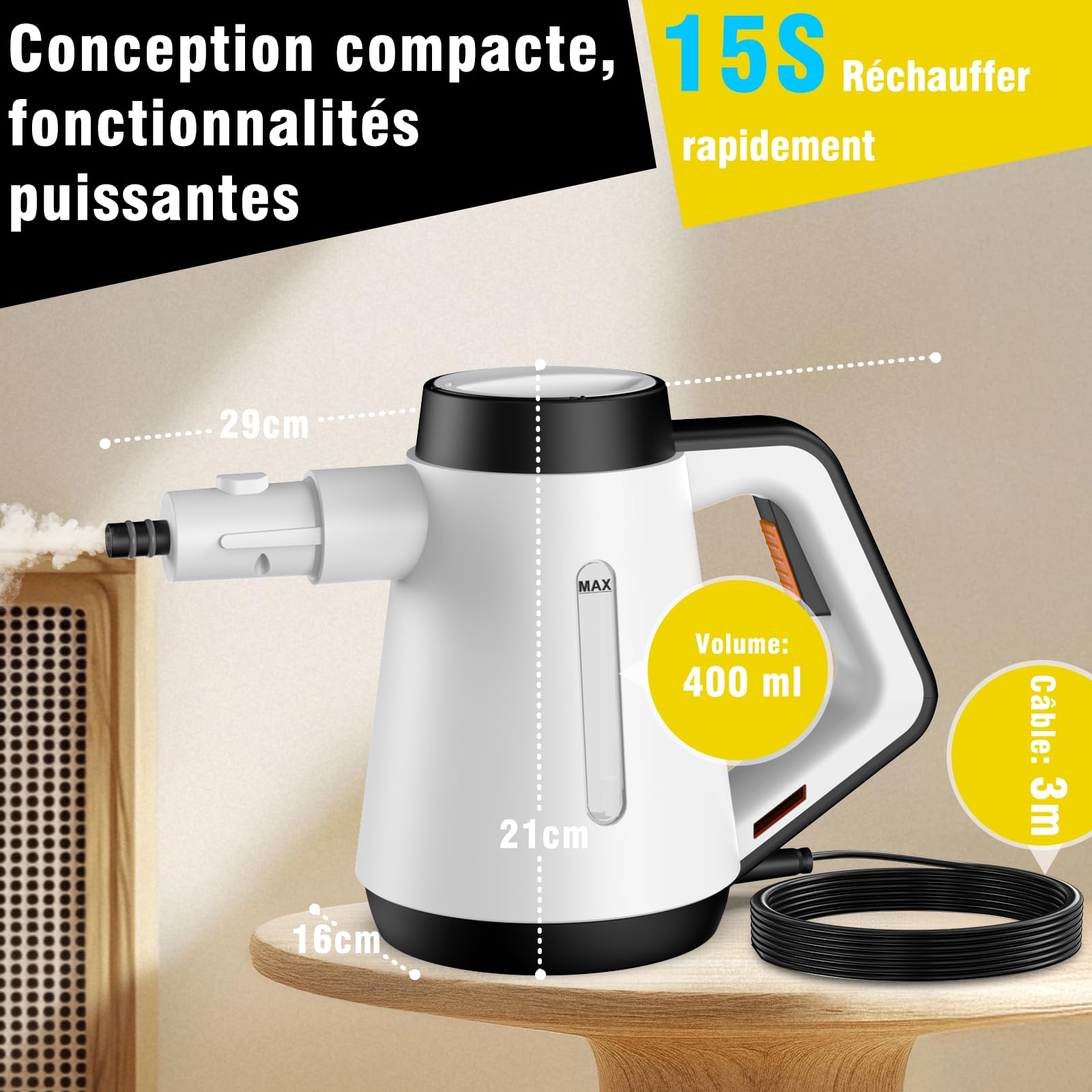 Fippesax Nettoyeur à vapeur portatif,Chauffage instantané 15S,Nettoyeur à vapeur multipurpose pressurisé 400ml avec 9pcs Accessoires (blanc)