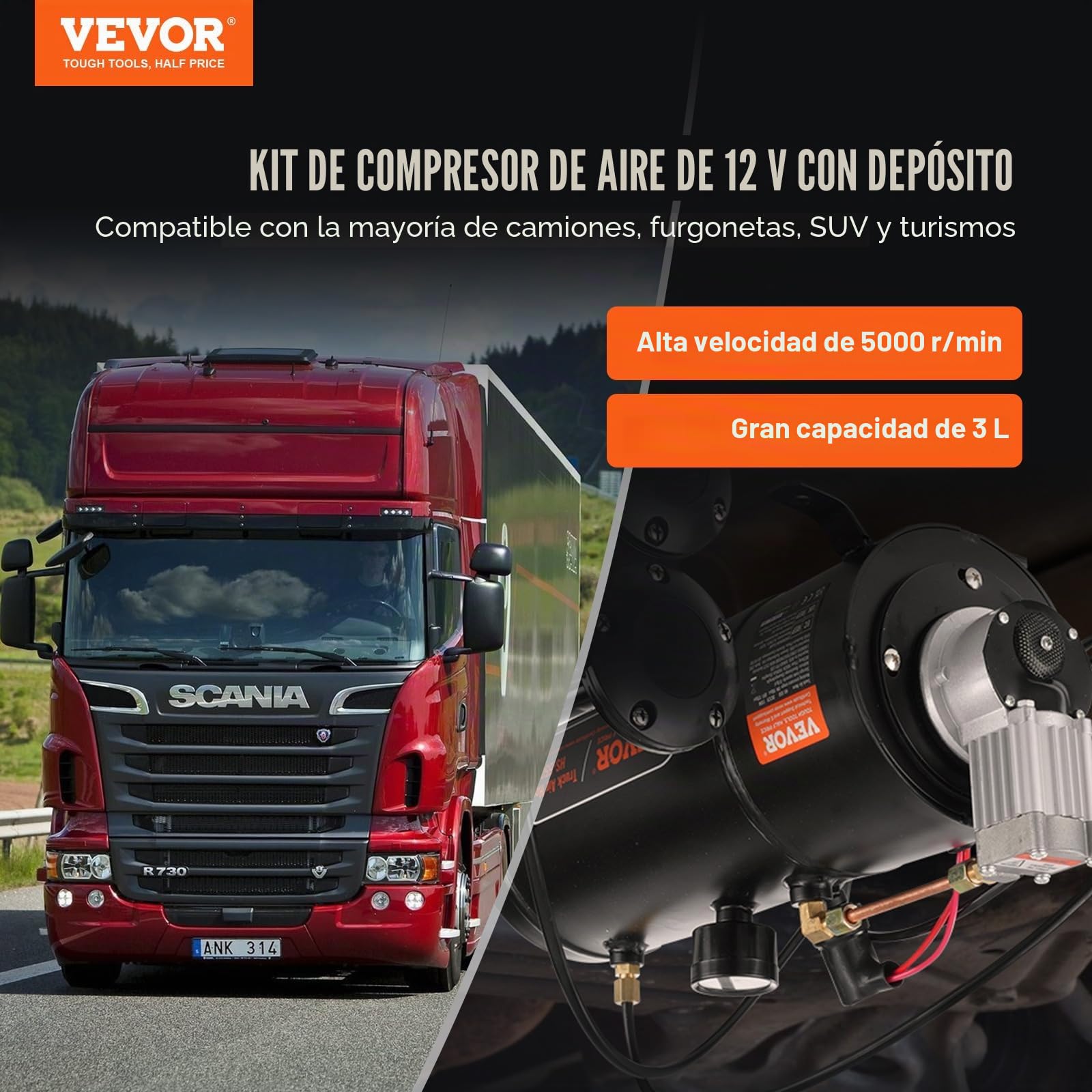 VEVOR Compresor de Aire para Kit de Bocina 90-120 psi Bomba de Aire con Tanque de 3 L para Inflar Neumáticos Colchones de Aire Compatible con Todos los Vehículos de 12 V Trenes Barcos Coches Taller