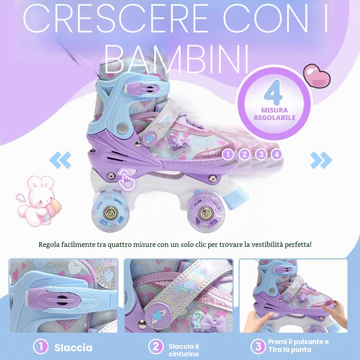 Pattini a Rotelle Bambina con Cuori Sognanti e Ruote Luminose, 4 Taglie Regolabili
