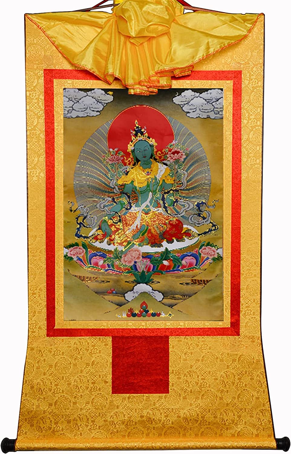 VHKJewE Tantric Tibetan Buddhist Thangka Wall Hanging,Green Tara,Khadiravani,Hot Stamping Brocade Tapestry(Green,Small(35cm*27cm))