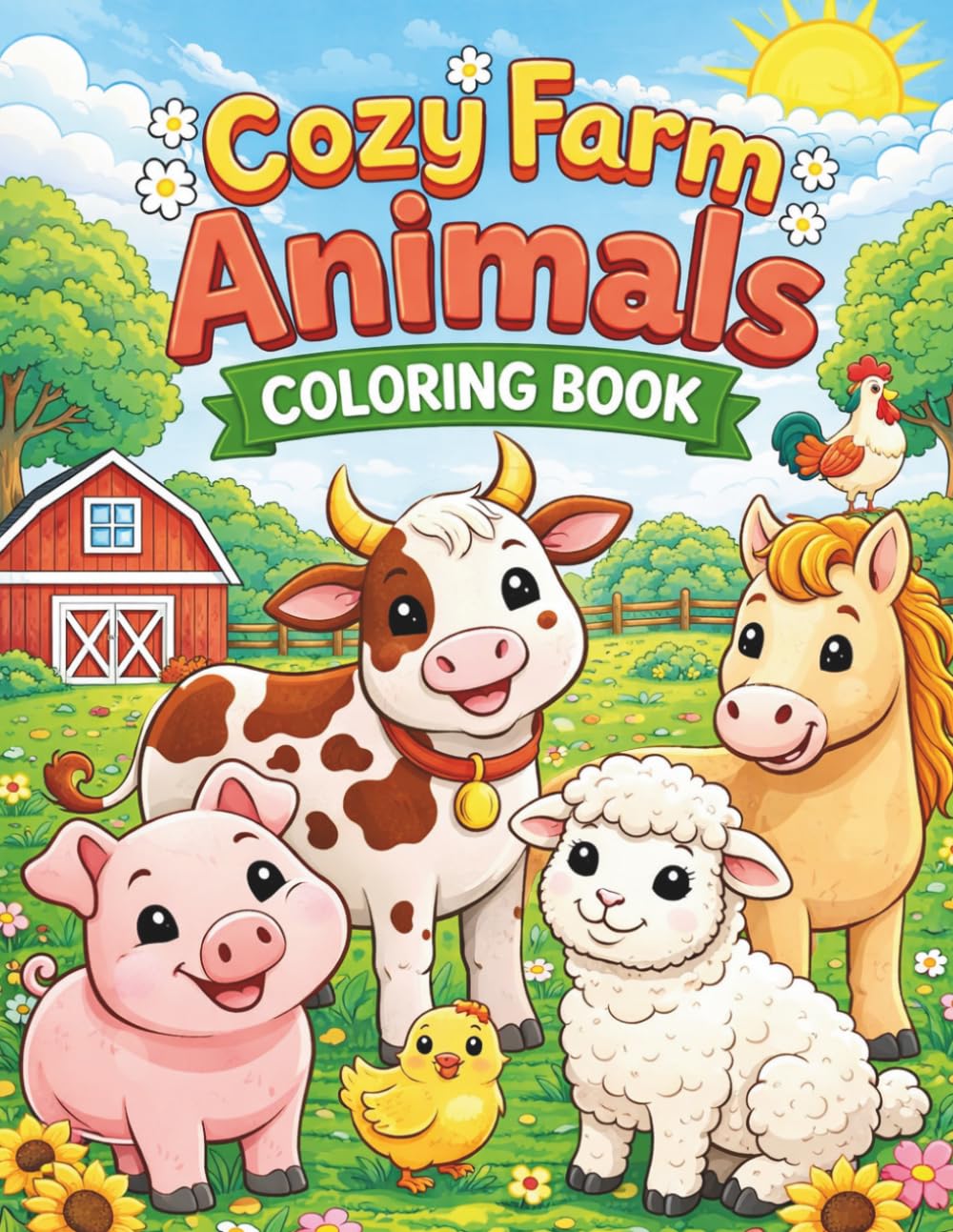 Cozy Farm Animals Coloring Book for Kids Ages 4-8: Cute Barnyard Animal Coloring Pages with Cow, Pig, Horse, Sheep and Fun Easy Farm Scenes