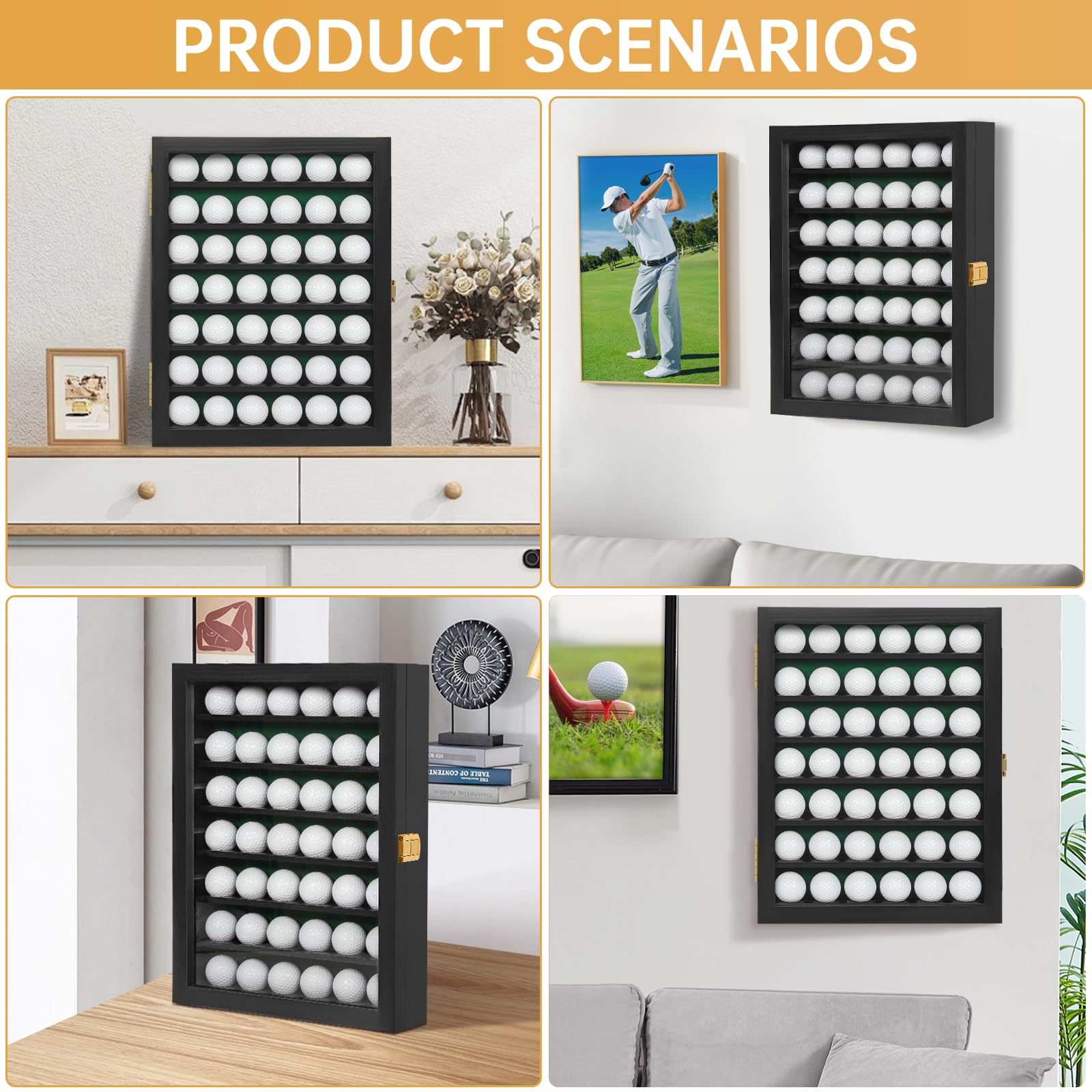 Vitrina para pelotas de golf, 42 soportes para pelotas de golf, regalo para entusiastas del golf, gabinete de exhibición para montaje en pared y soporte (negro, para 42 pelotas de golf)