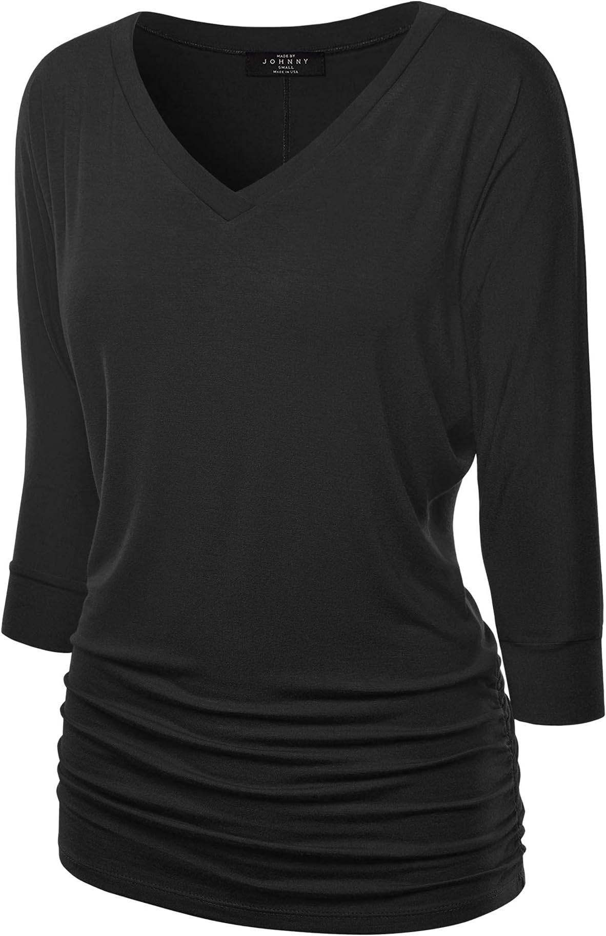 Women's Casual Boat Neck and V-Neck 3/4 Sleeve Draped Dolman Top with Side Shirring Premium Shirt