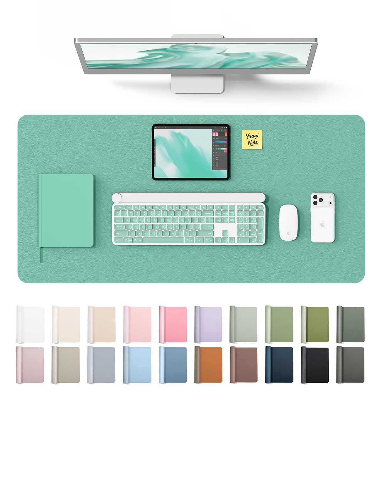 YSAGi Leather Desk Protector, Office Mat, Large Mouse Mat, Non-Slip PU Leather Blotter, Laptop Desk Mat, Waterproof Writing Pad for Office and Home (Green-Blue, 31.5" x 15.8") Green-blue 31.5" x 15.8"