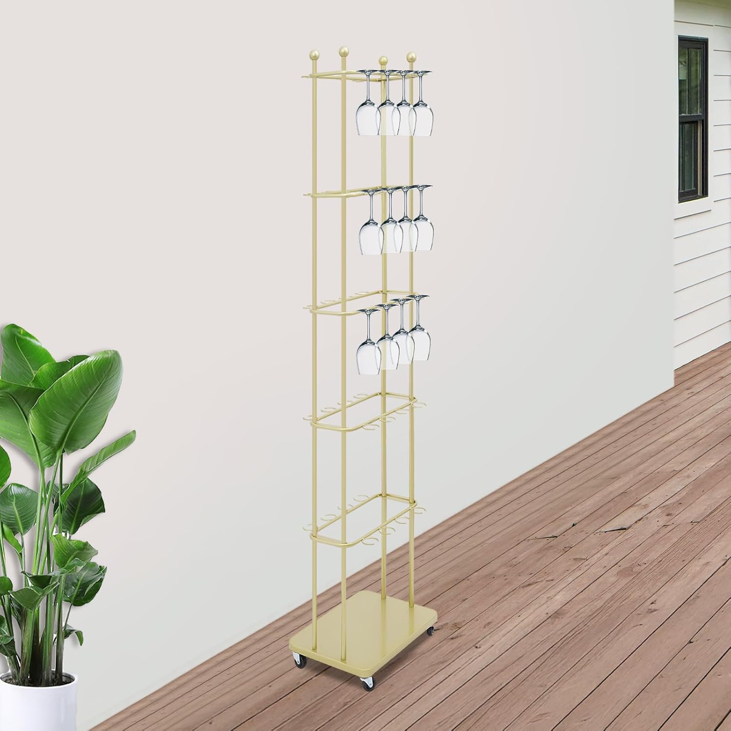 Champagne Wall Holder, 5 Tier Metal Champagne Flute Rack, Wine Glass Stemware Display Stand with Wheels, 40 Glass Champagne Tower Shelf for Wedding Celebration Home Bar Party Event Décor (Gold)