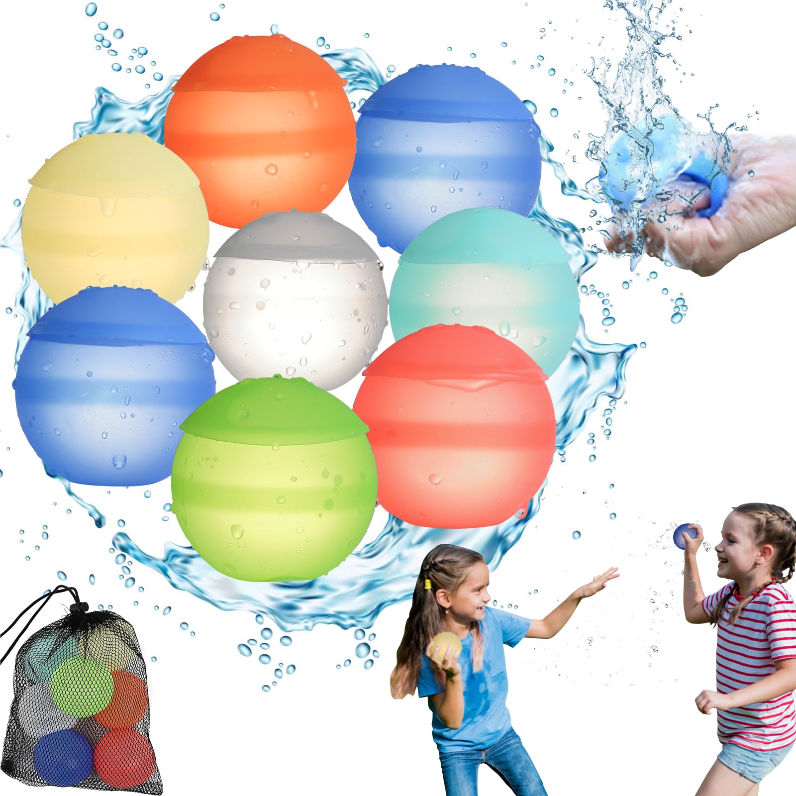 Reusable Water Balloons for Kids Adults, 8 PCS Water Balloons with Mesh Bag, Quick Fill Water Bombs for Summer Outdoor Games Party