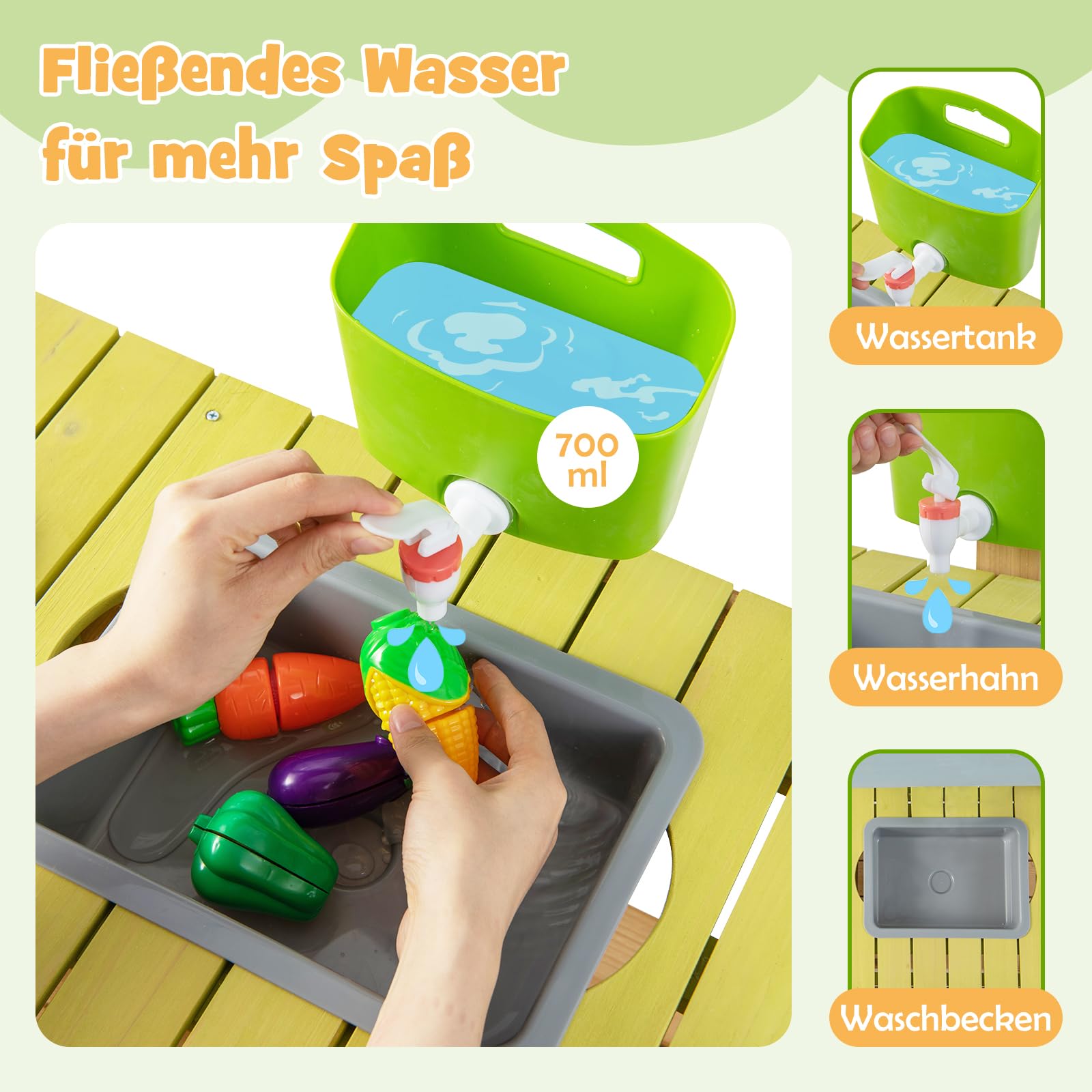 DREAMADE Matschküche Kinder Outdoor, Kinderküche mit Wassertank, Wasserhahn, Herd & abnehmbarem Regal, Spielküche aus Tannenholz, Outdoor Küche inkl. Zubehör für Jungen & Mädchen ab 3 Jahren (Natur)