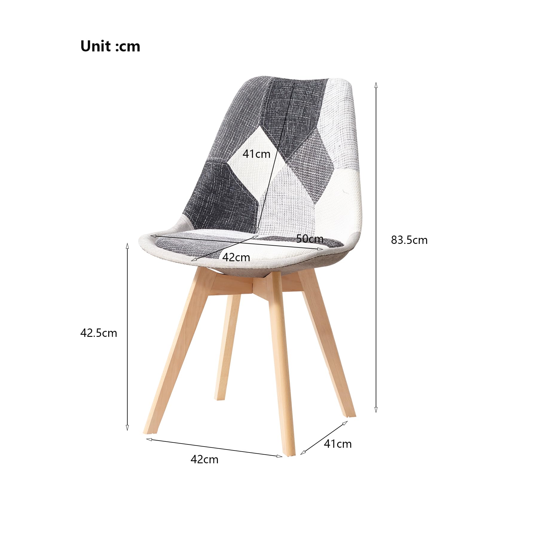 HJhomeheart Set di 2 Sedie da Pranzo in Tessuto Patchwork con Cuscino del Sedile e Gambe in Legno Massello per Sala da Pranzo, Soggiorno, Cucina, ecc. (Grigio Patchwork)